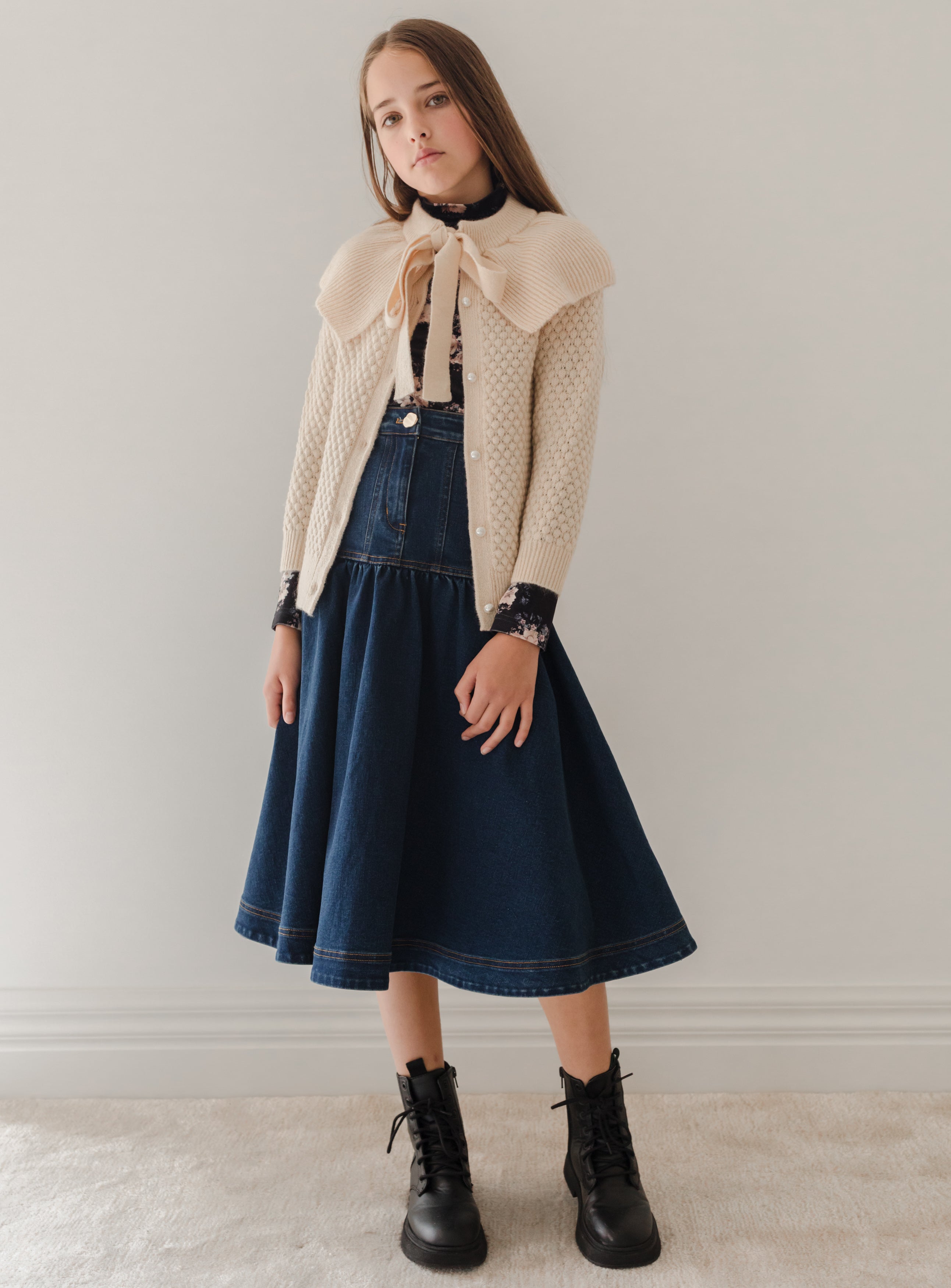 Long Denim Skirt with Lace Pockets