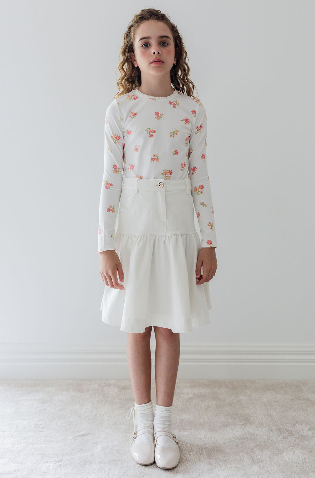 Long Sleeve Printed Jersey Tee with Lace Trim