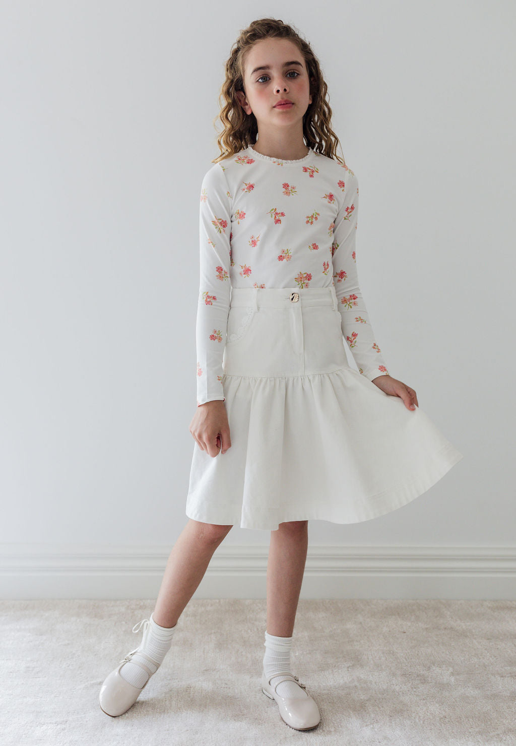Long Sleeve Printed Jersey Tee with Lace Trim