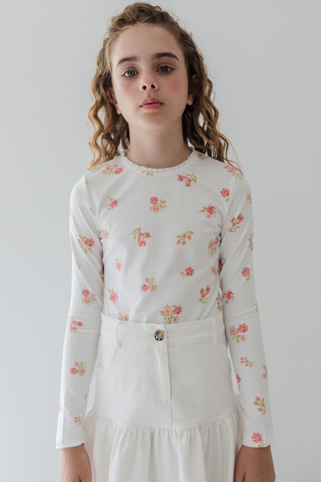 Long Sleeve Printed Jersey Tee with Lace Trim