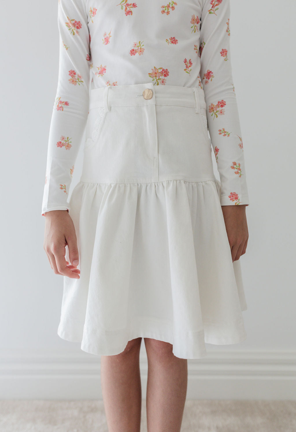 Long Sleeve Printed Jersey Tee with Lace Trim
