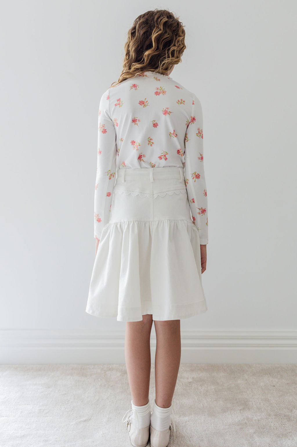 Long Sleeve Printed Jersey Tee with Lace Trim