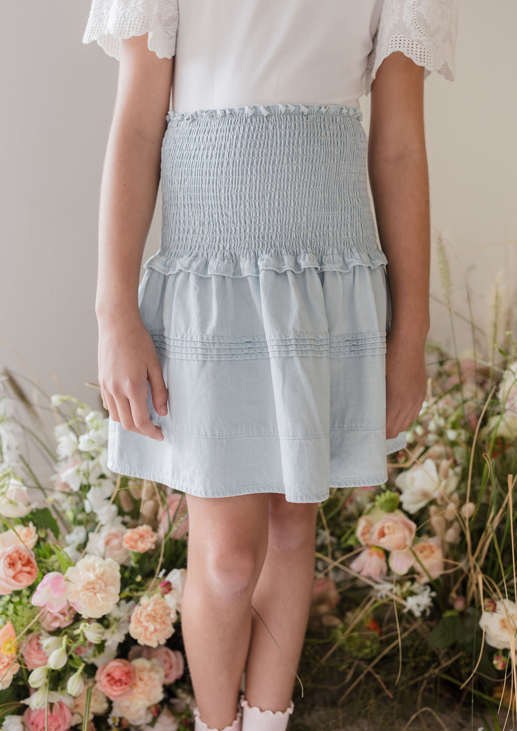 Shirred Waist Chambray Skirt