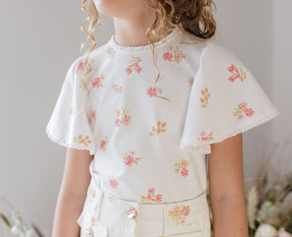 Flutter Sleeve Printed Jersey Tee with Lace Trim