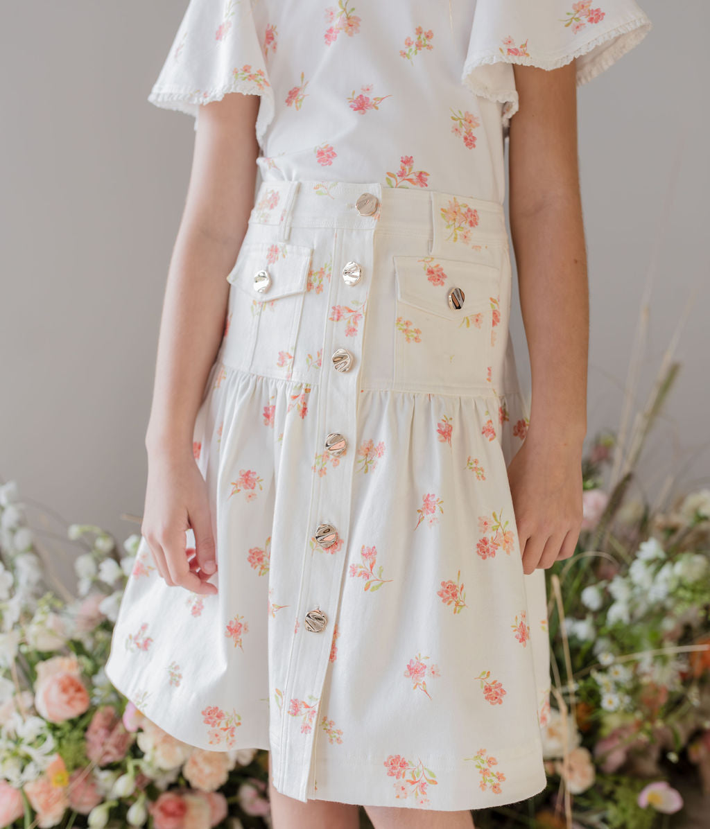 Denim Printed Button Front Skirt