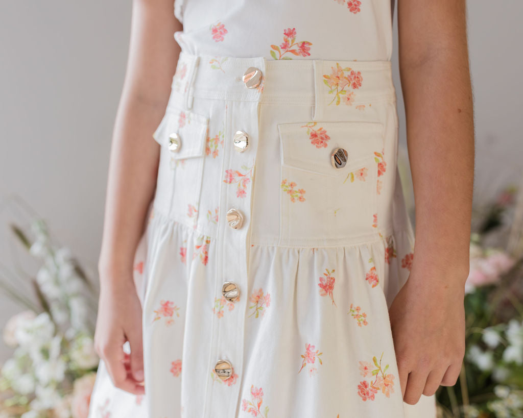 Denim Printed Button Front Skirt