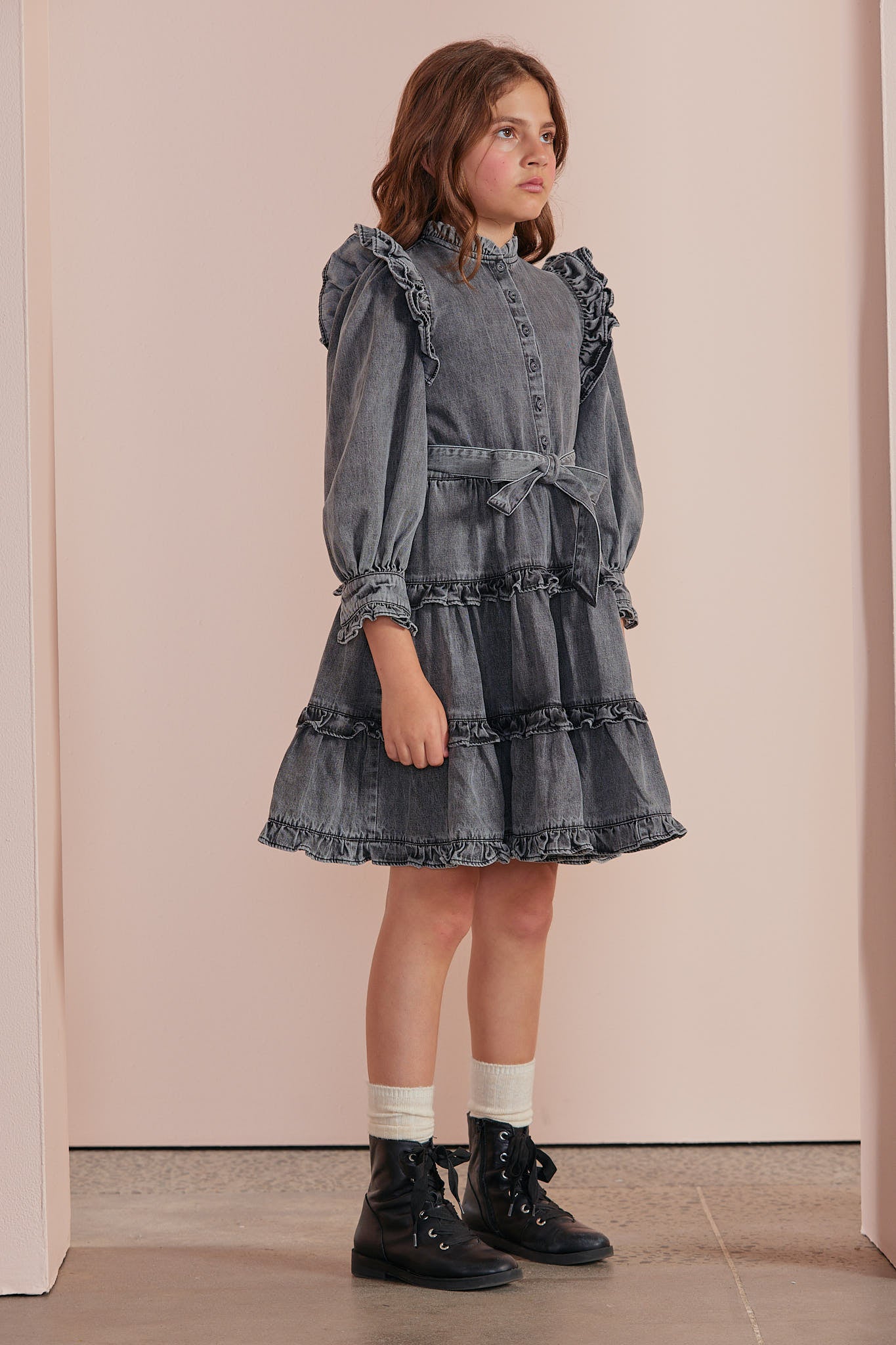 Chambray Frill Sleeve Dress