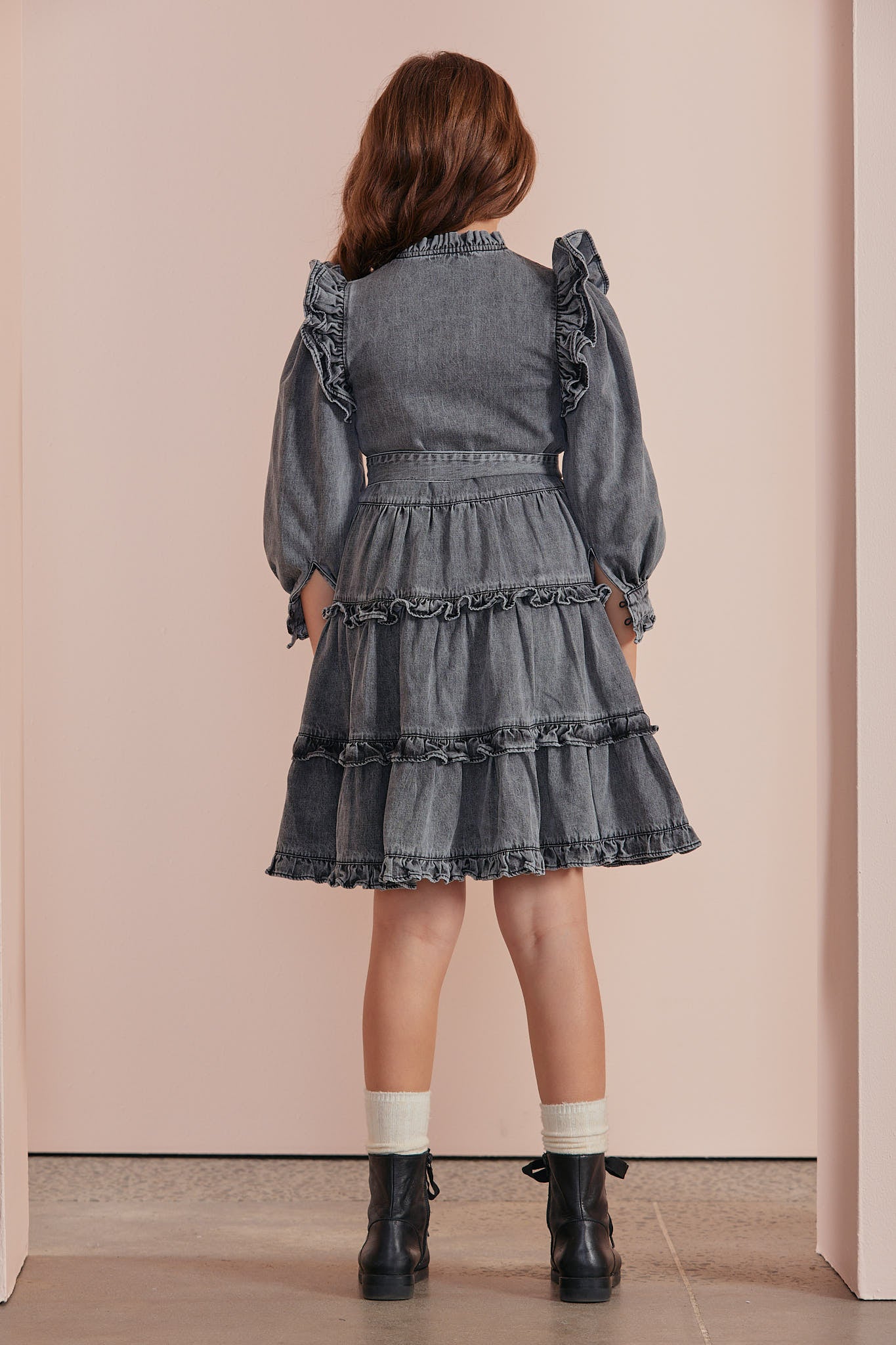 Chambray Frill Sleeve Dress