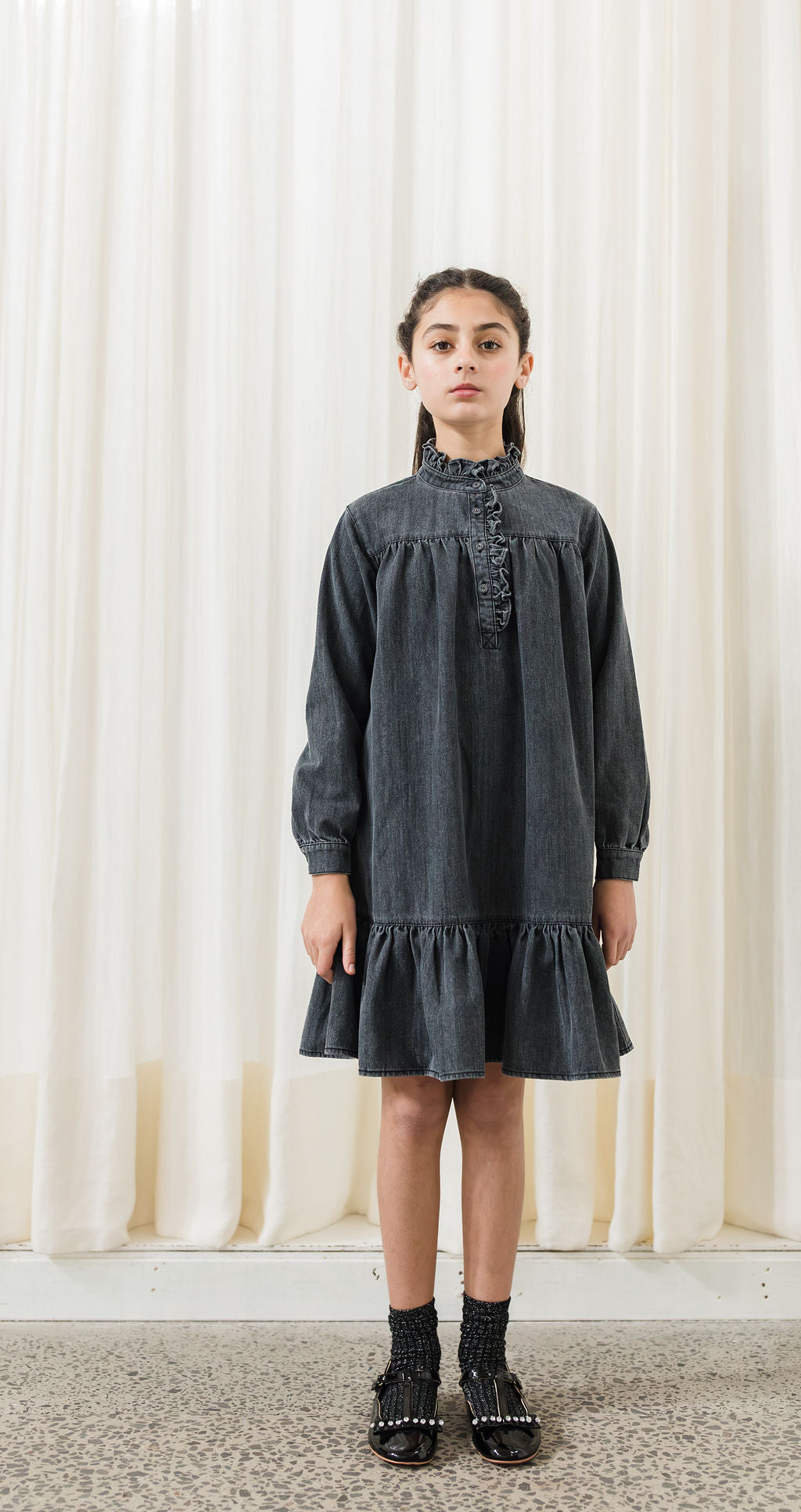 Chambray Ruffle Neck Dress