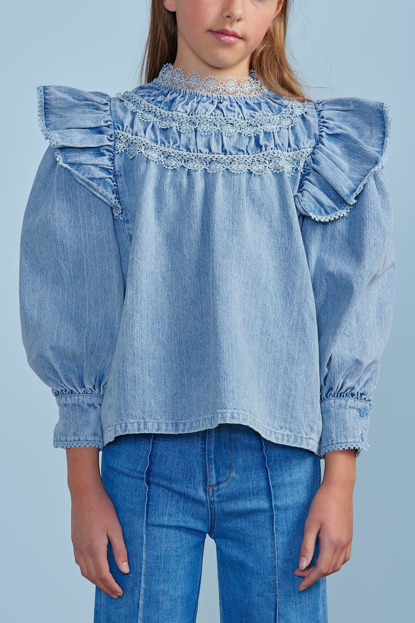Lace Chambray Blouse - Blue
