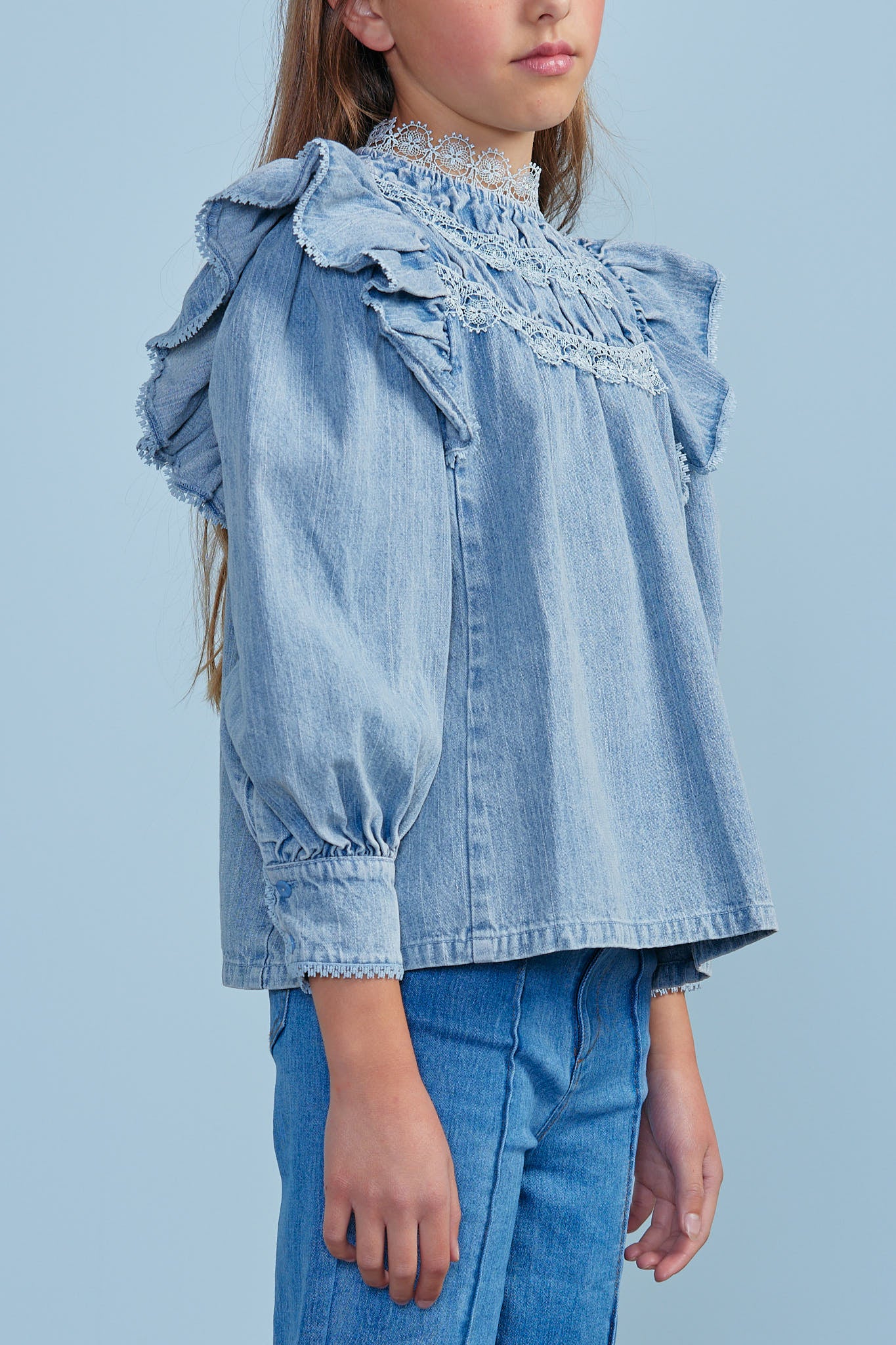 Lace Chambray Blouse - Blue