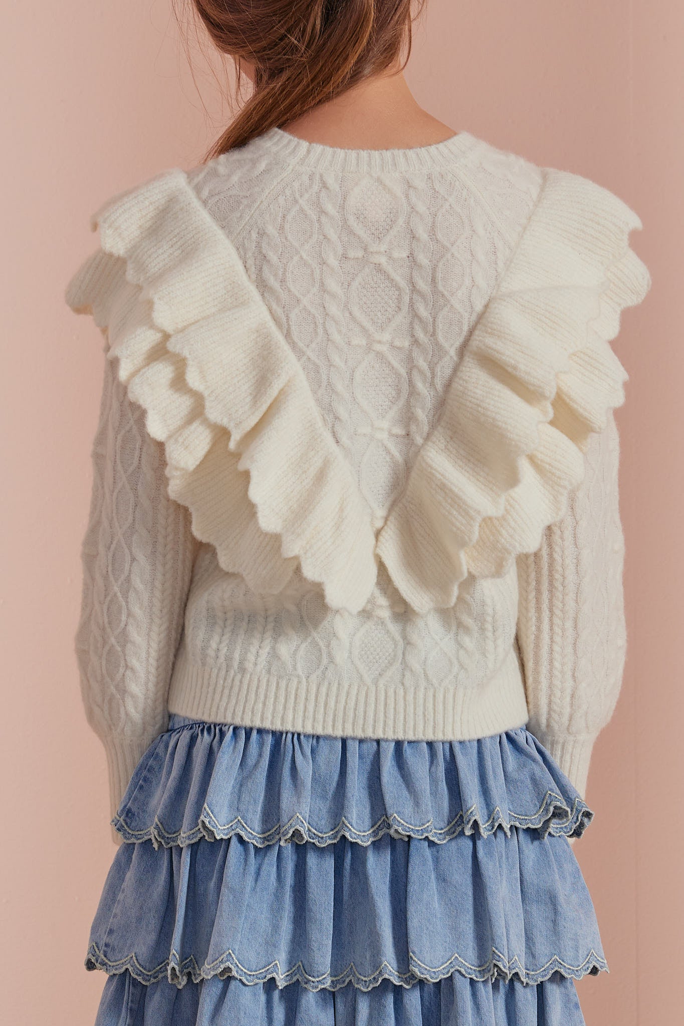 Ruffle Front Cable Knit Sweater