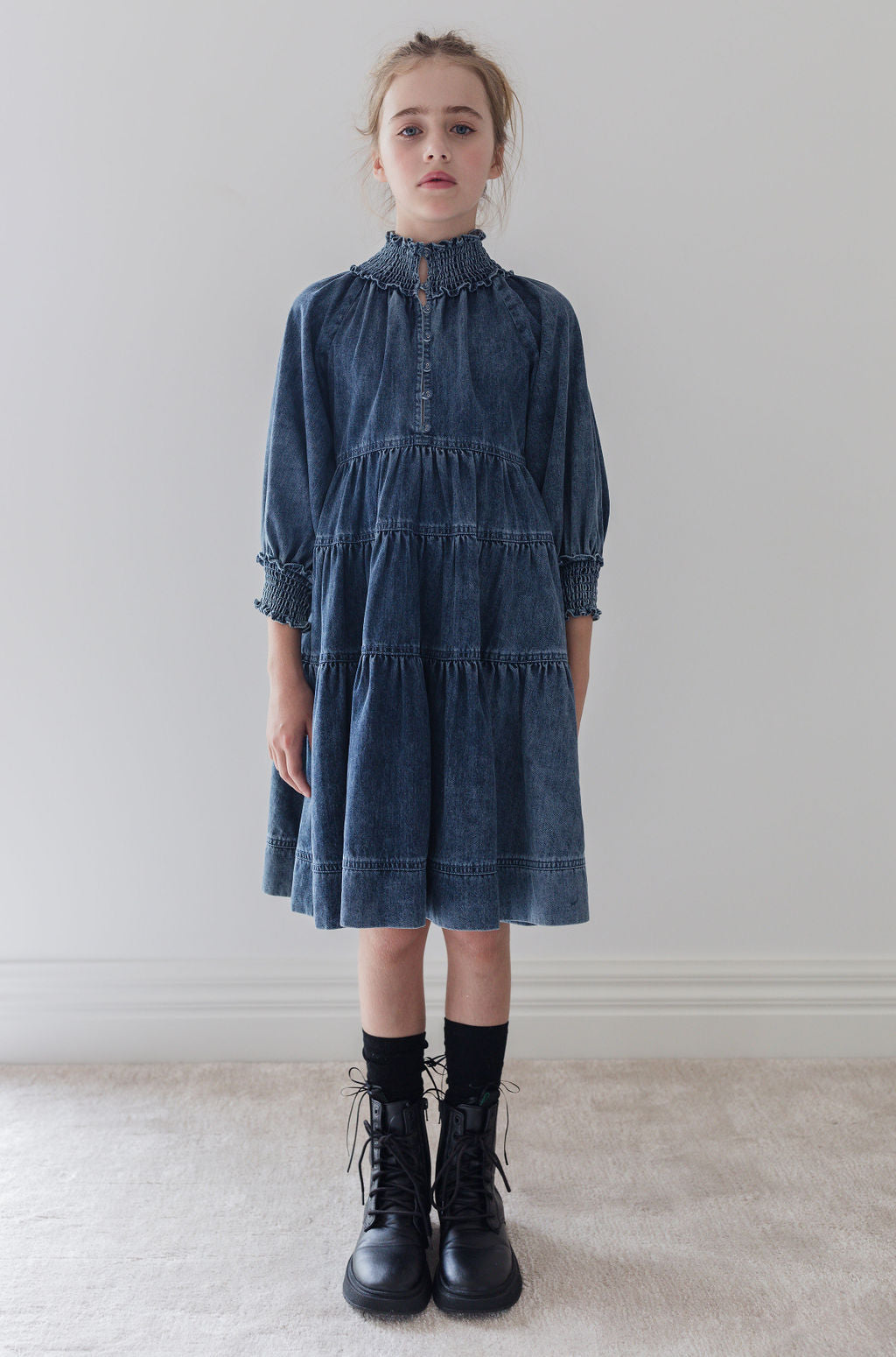 High Neck Vintage Wash Chambray Dress