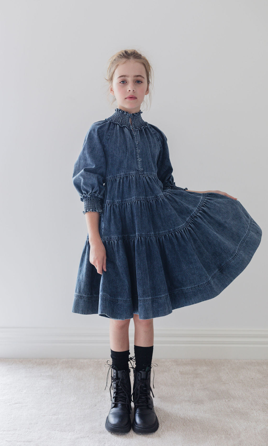 High Neck Vintage Wash Chambray Dress