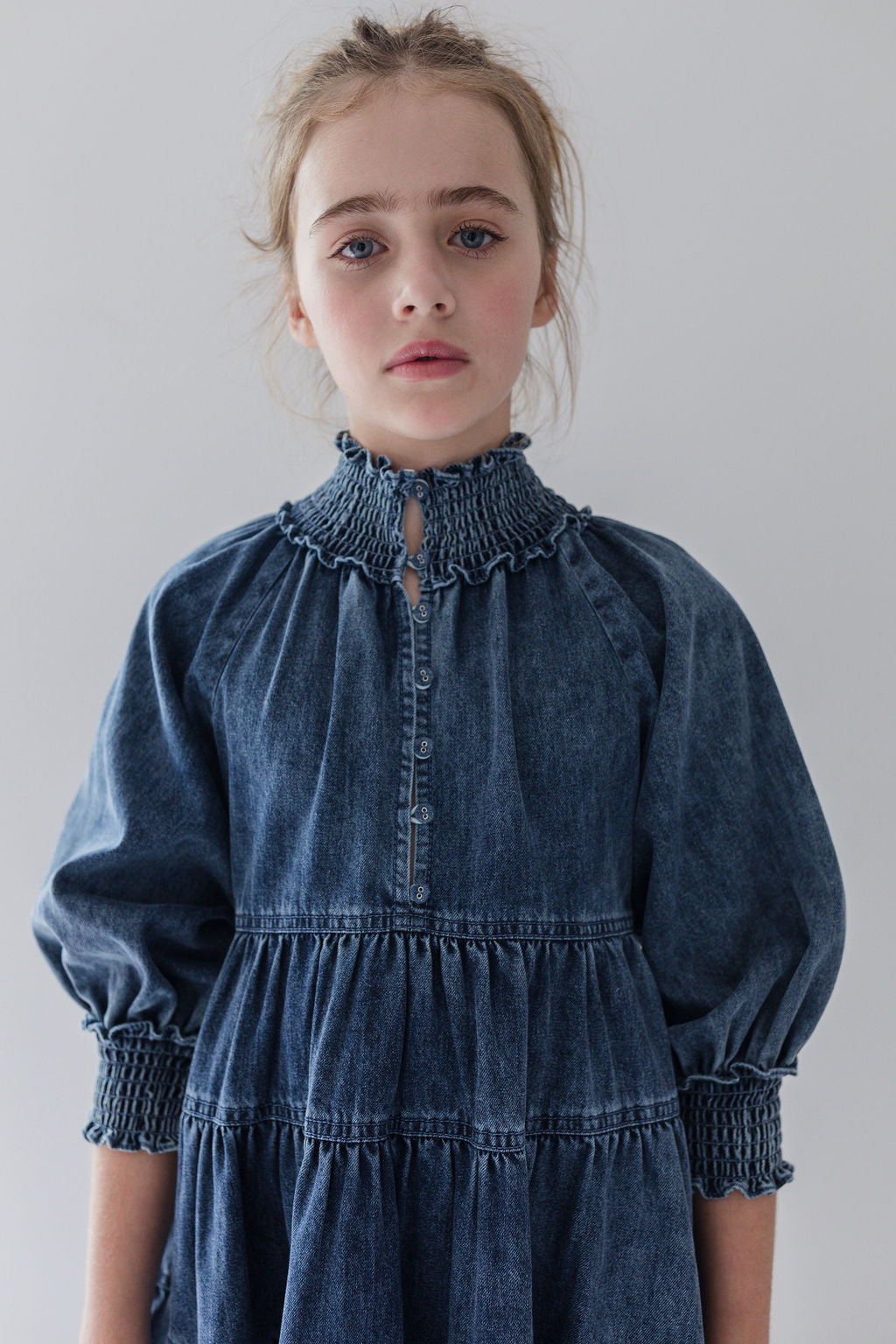 High Neck Vintage Wash Chambray Dress