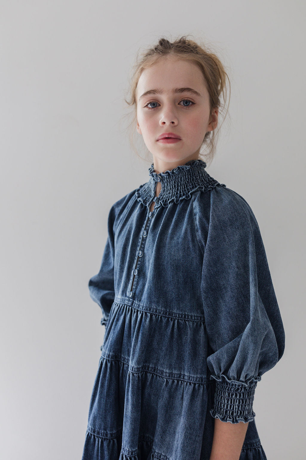 High Neck Vintage Wash Chambray Dress