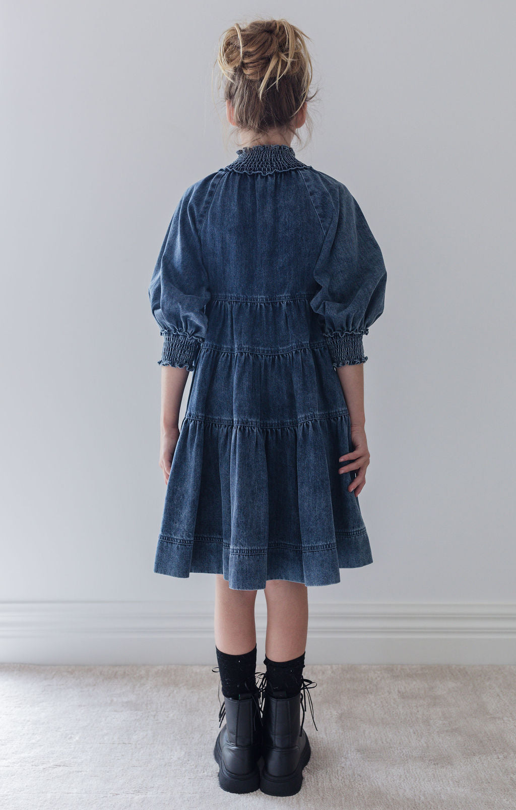 High Neck Vintage Wash Chambray Dress