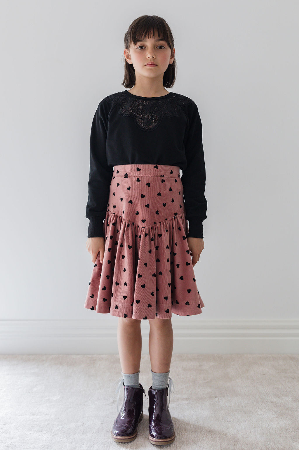 Berry Cord Skirt with Black flocked Lovehearts