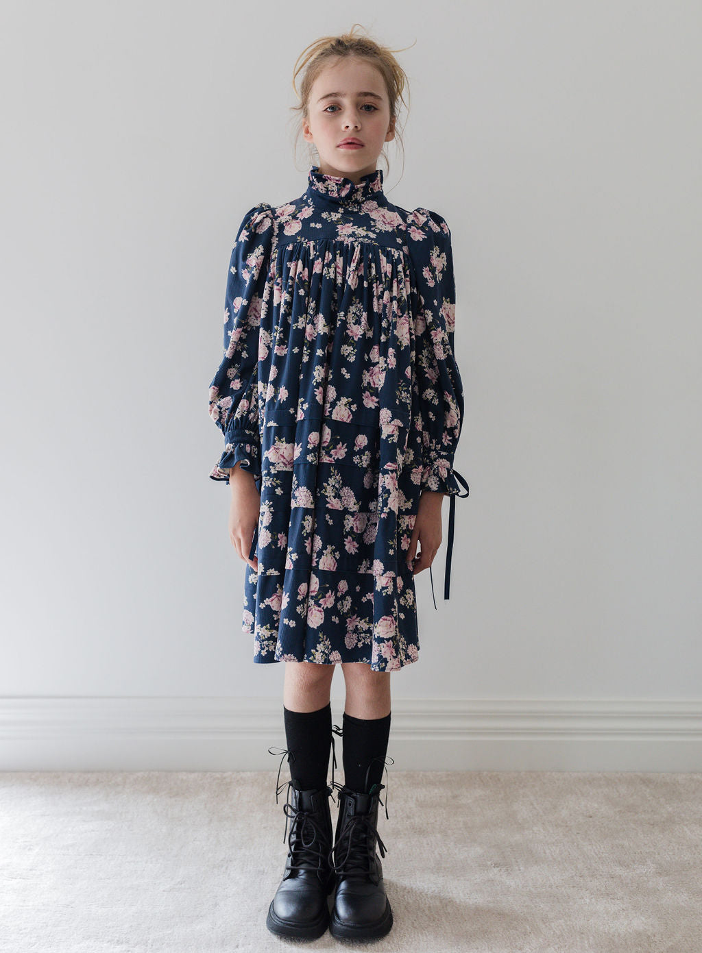 Lilac Floral Cord Dress with Ribbons