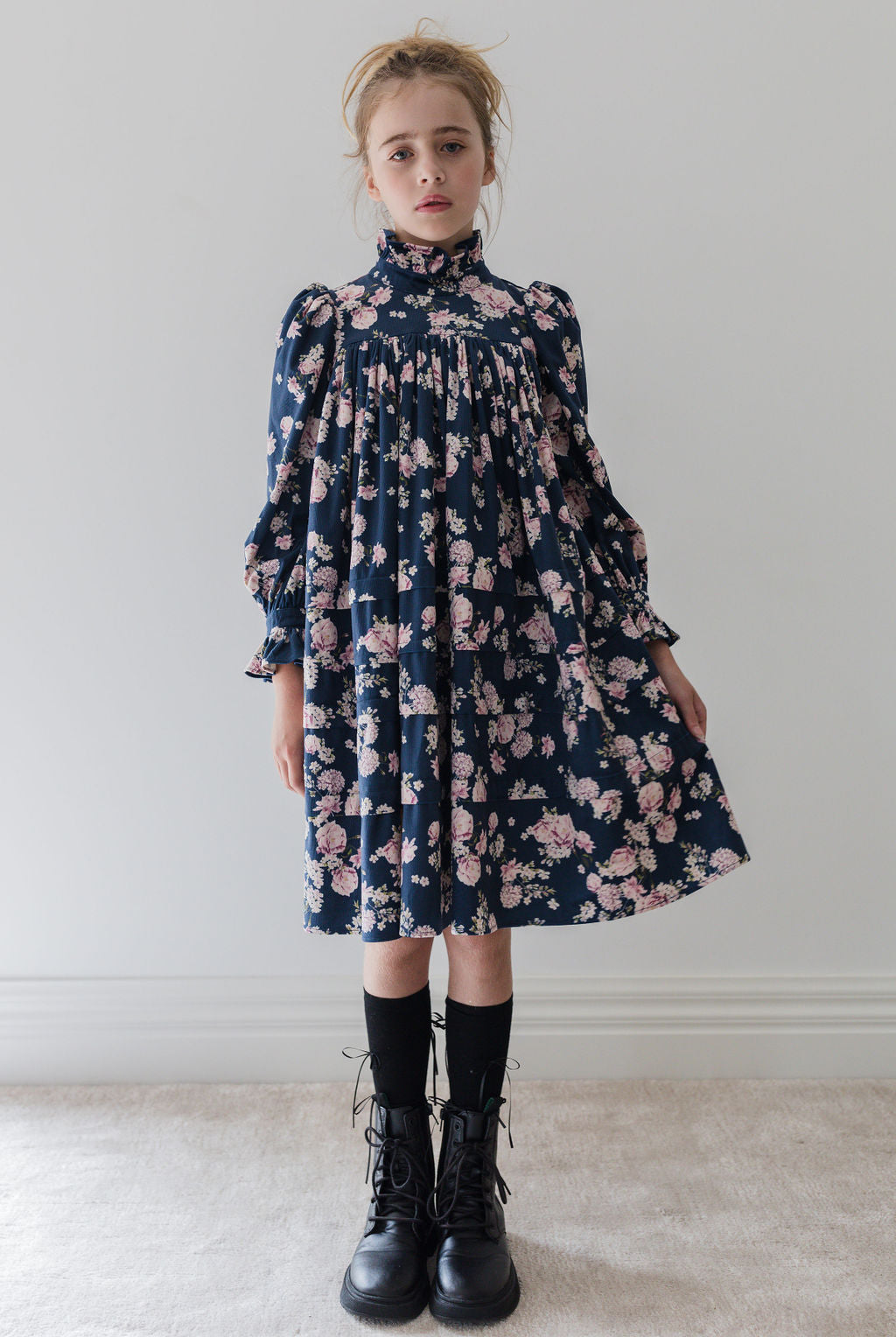 Lilac Floral Cord Dress with Ribbons