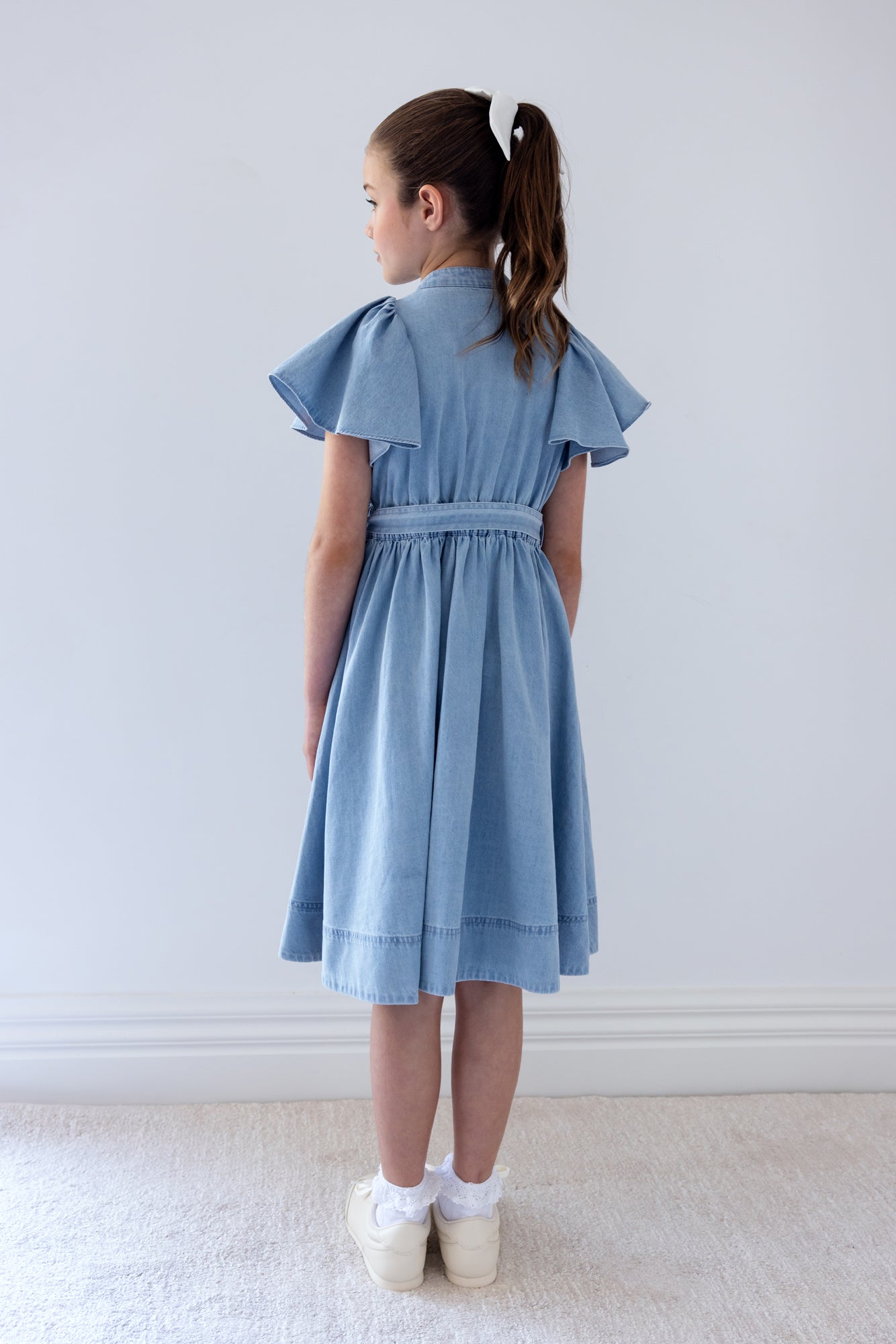 Chambray Flutter Sleeve Shirt Dress