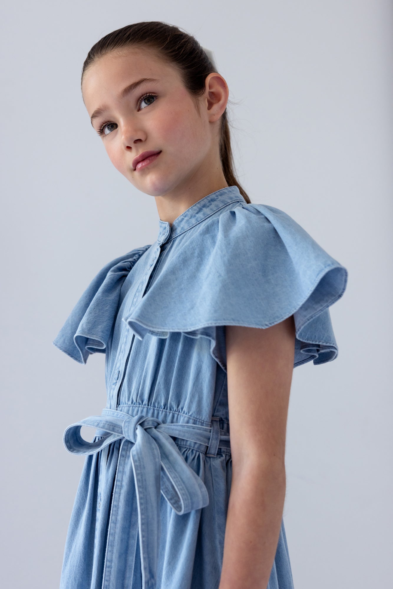 Chambray Flutter Sleeve Shirt Dress
