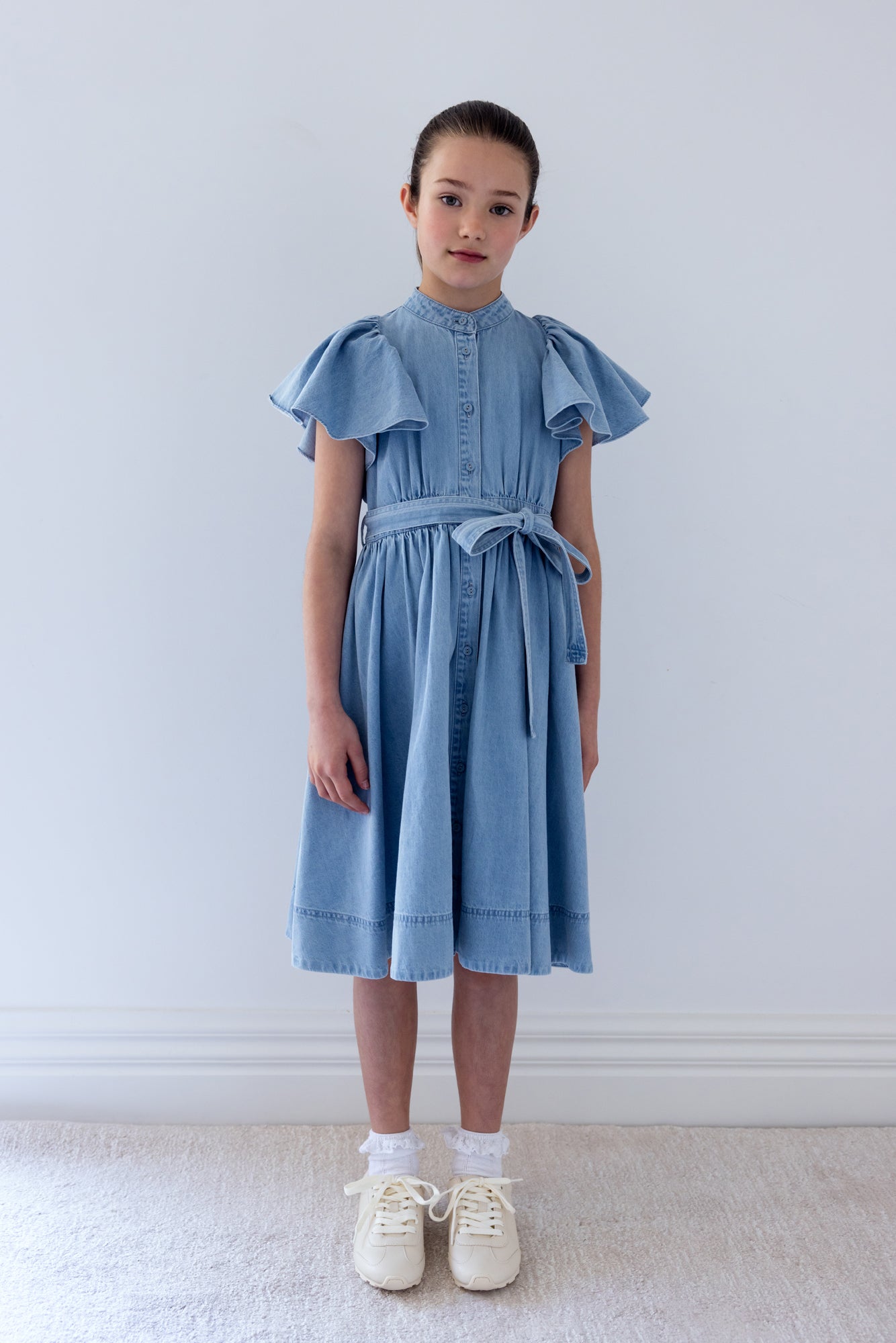 Chambray Flutter Sleeve Shirt Dress