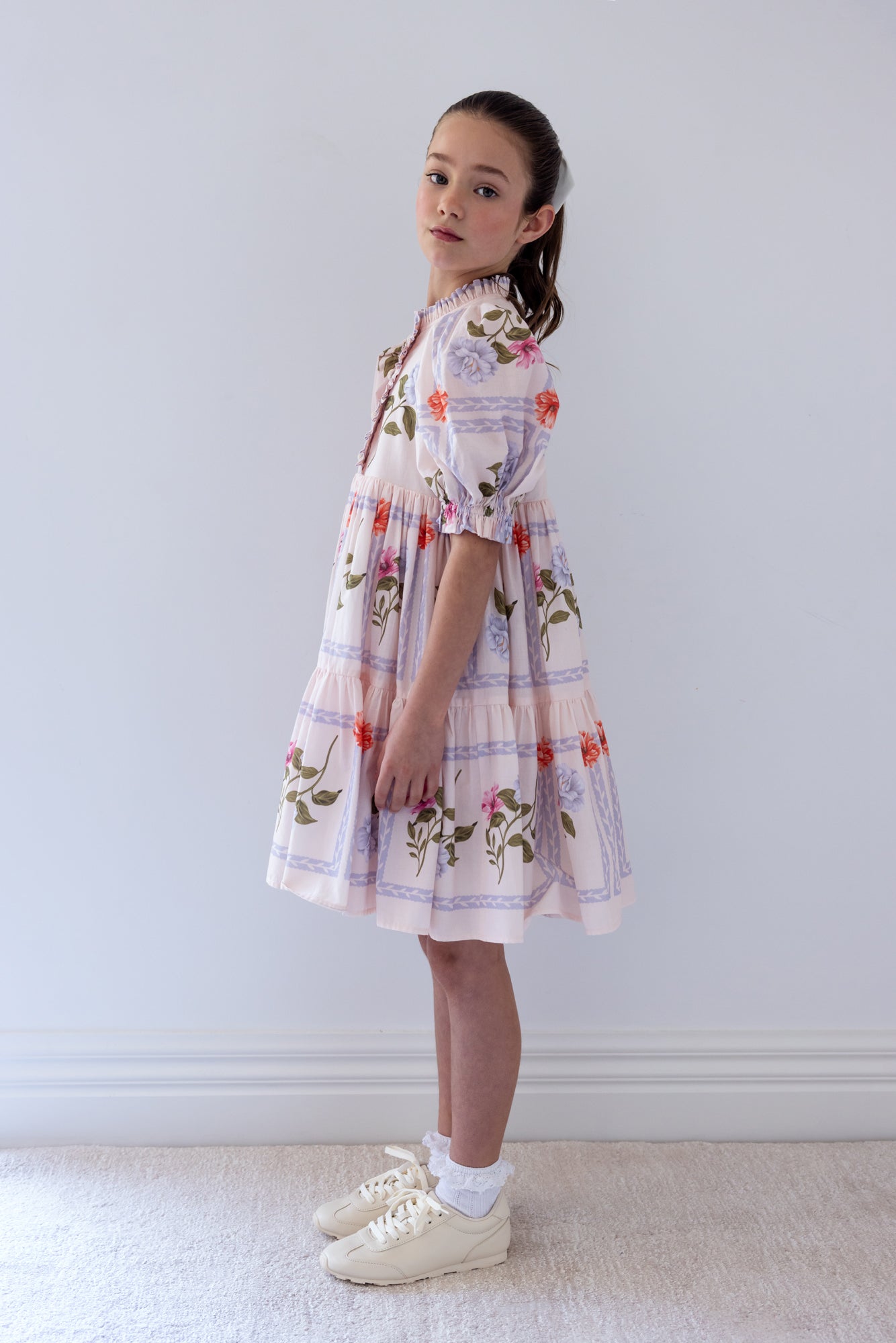 Elbow Sleeve Flower Grid Print Voile Dress