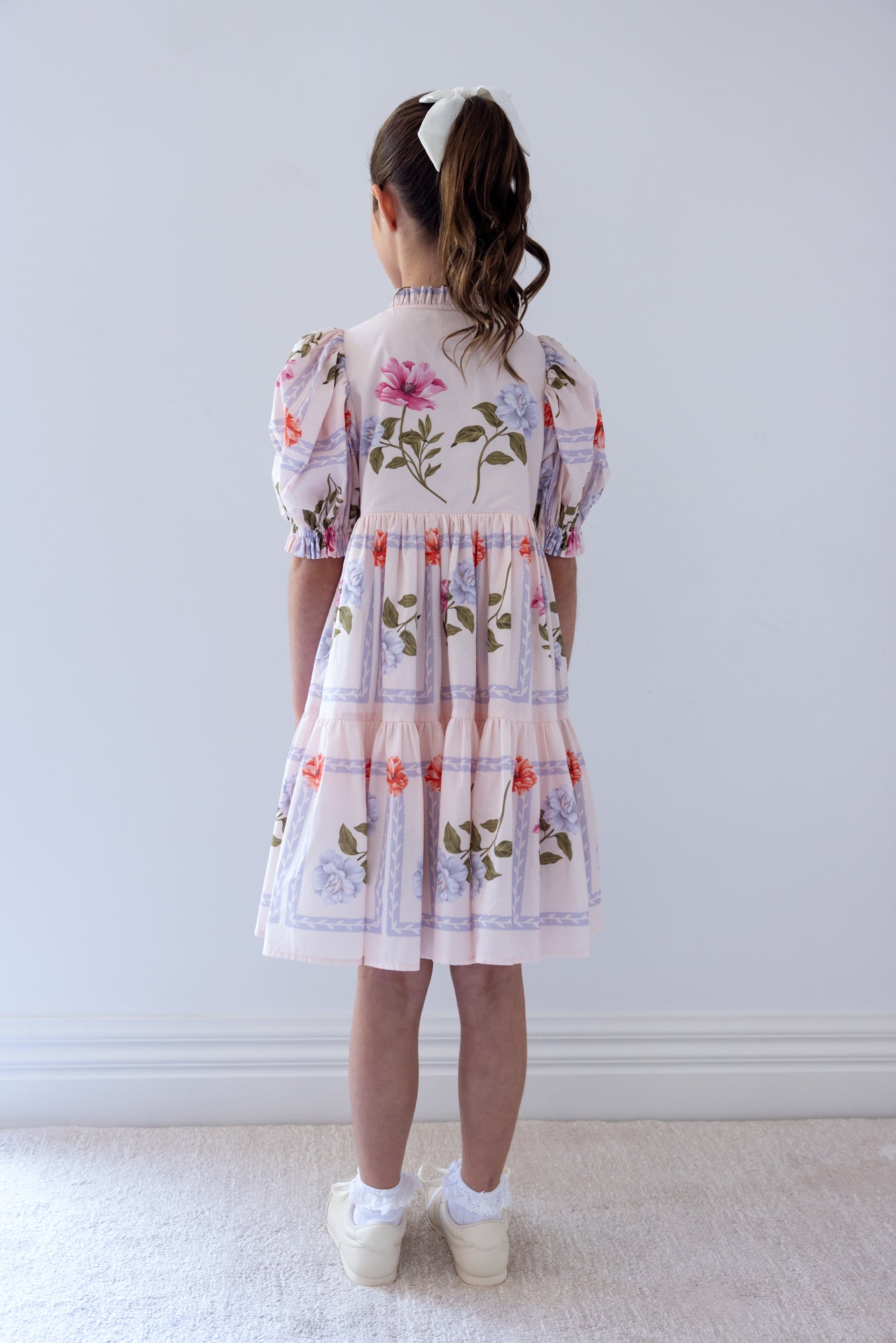Elbow Sleeve Flower Grid Print Voile Dress