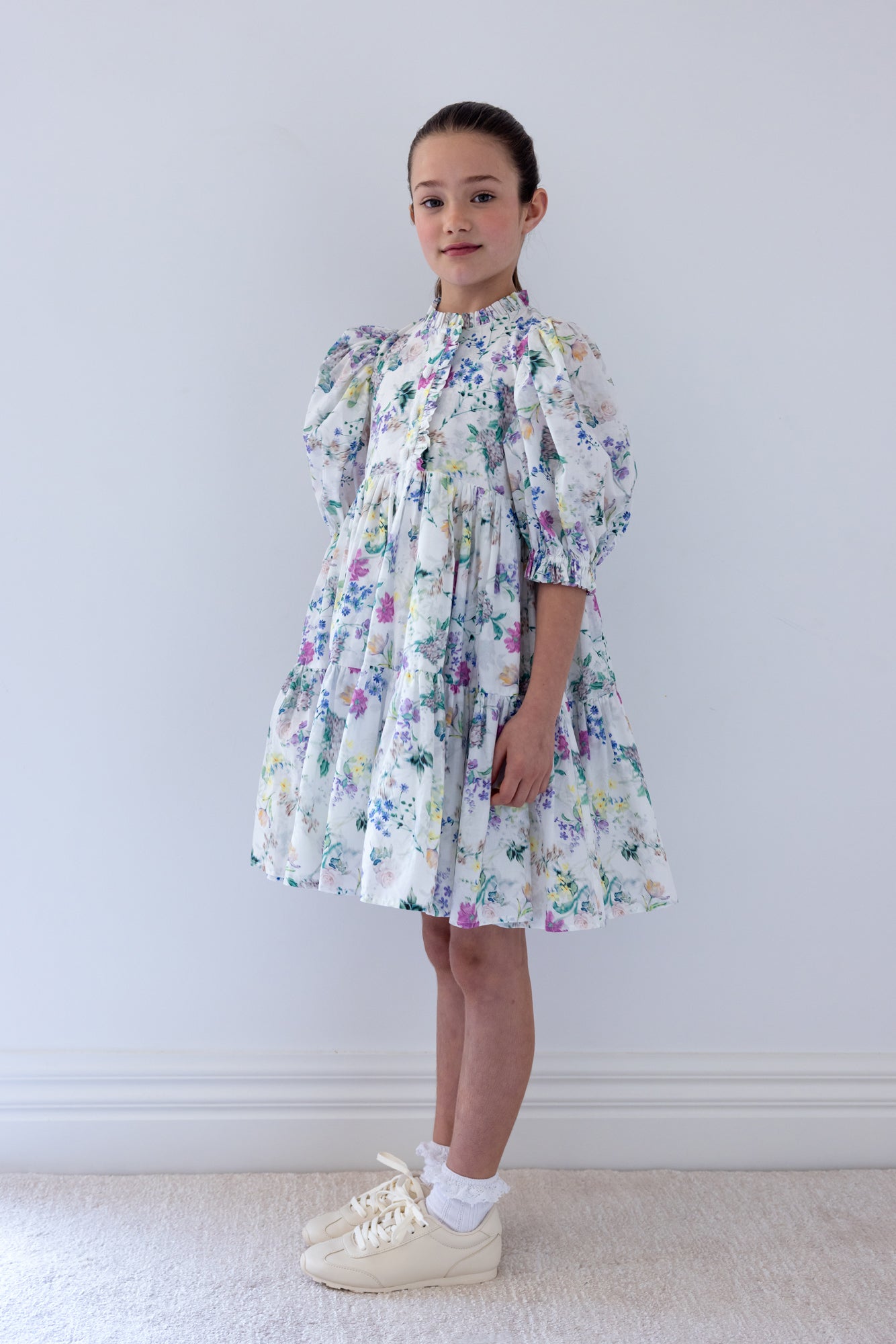 Elbow Sleeve Garden Print Voile Dress
