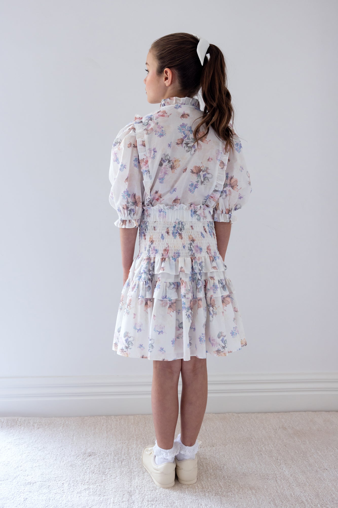 Elbow Sleeve Flutter Floral Print T-Shirt