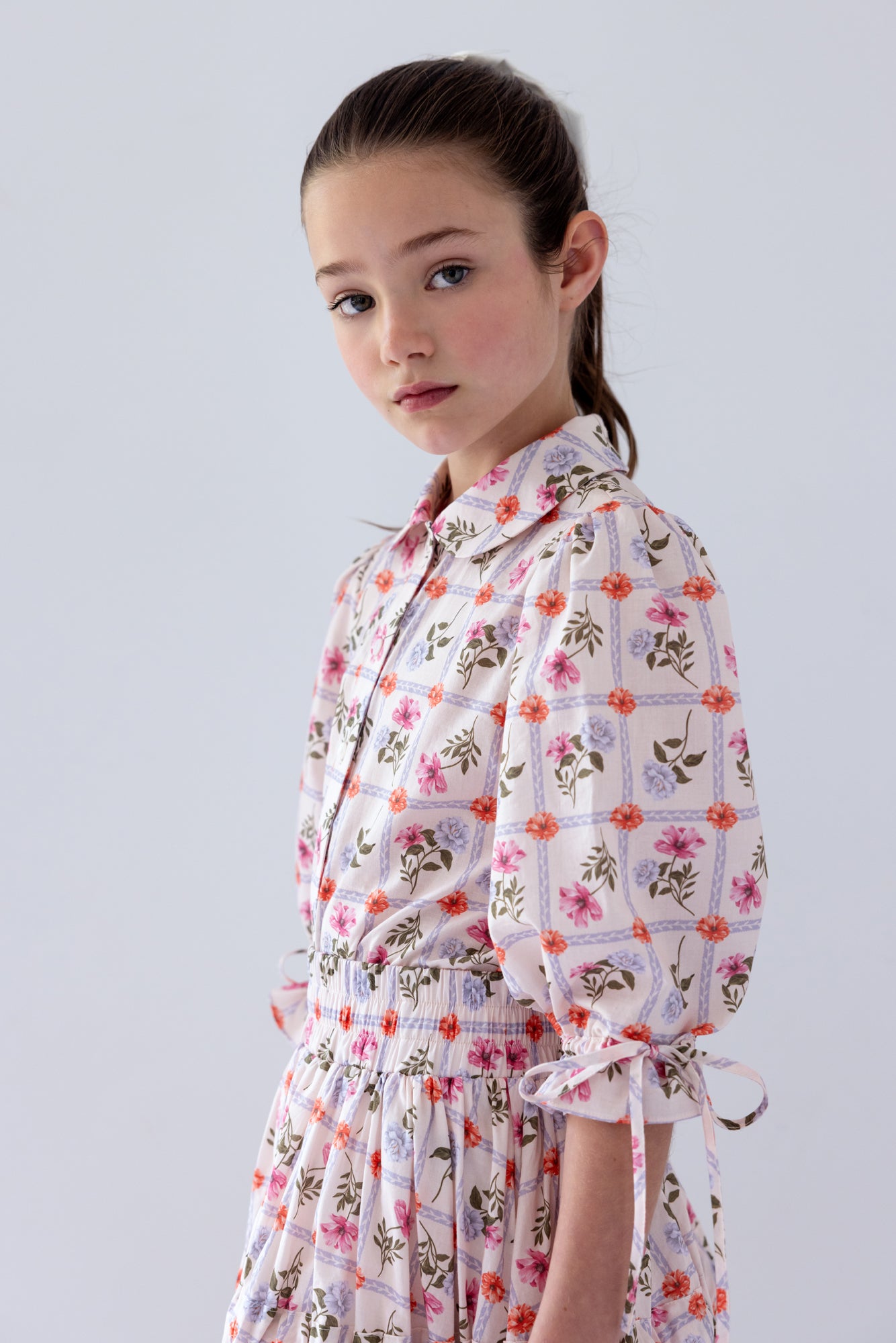 Small Flower Grid Print Voile Blouse