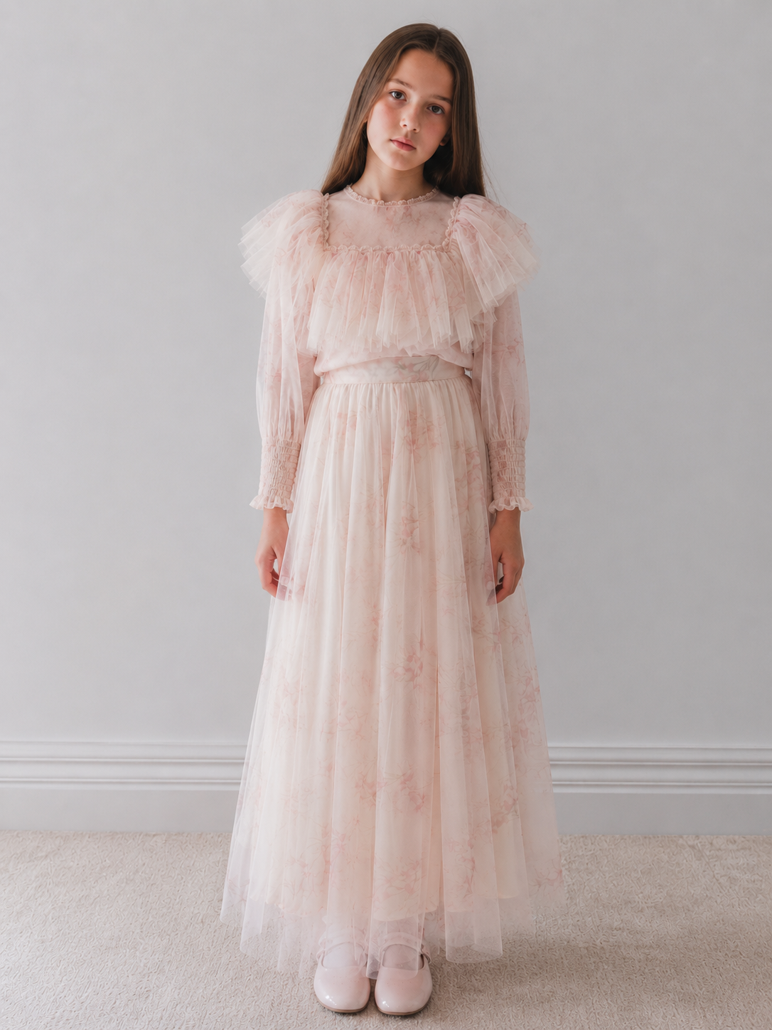 Blush Orchid Print Tulle Ruffle Blouse