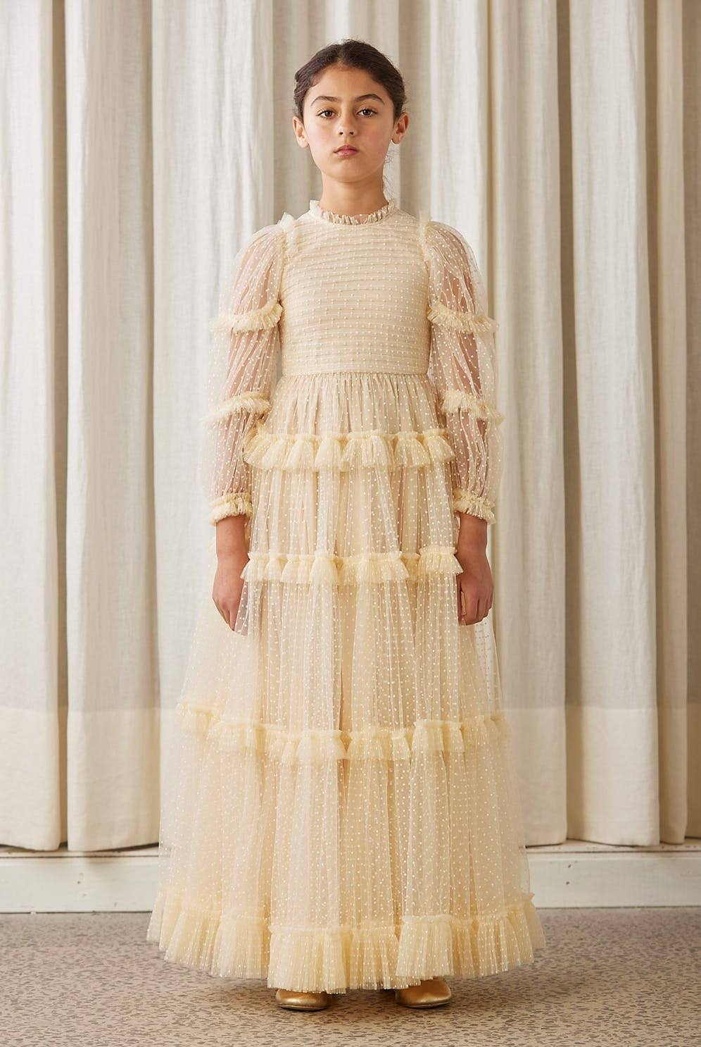 Tulle Pleated Frill Dress - Cream