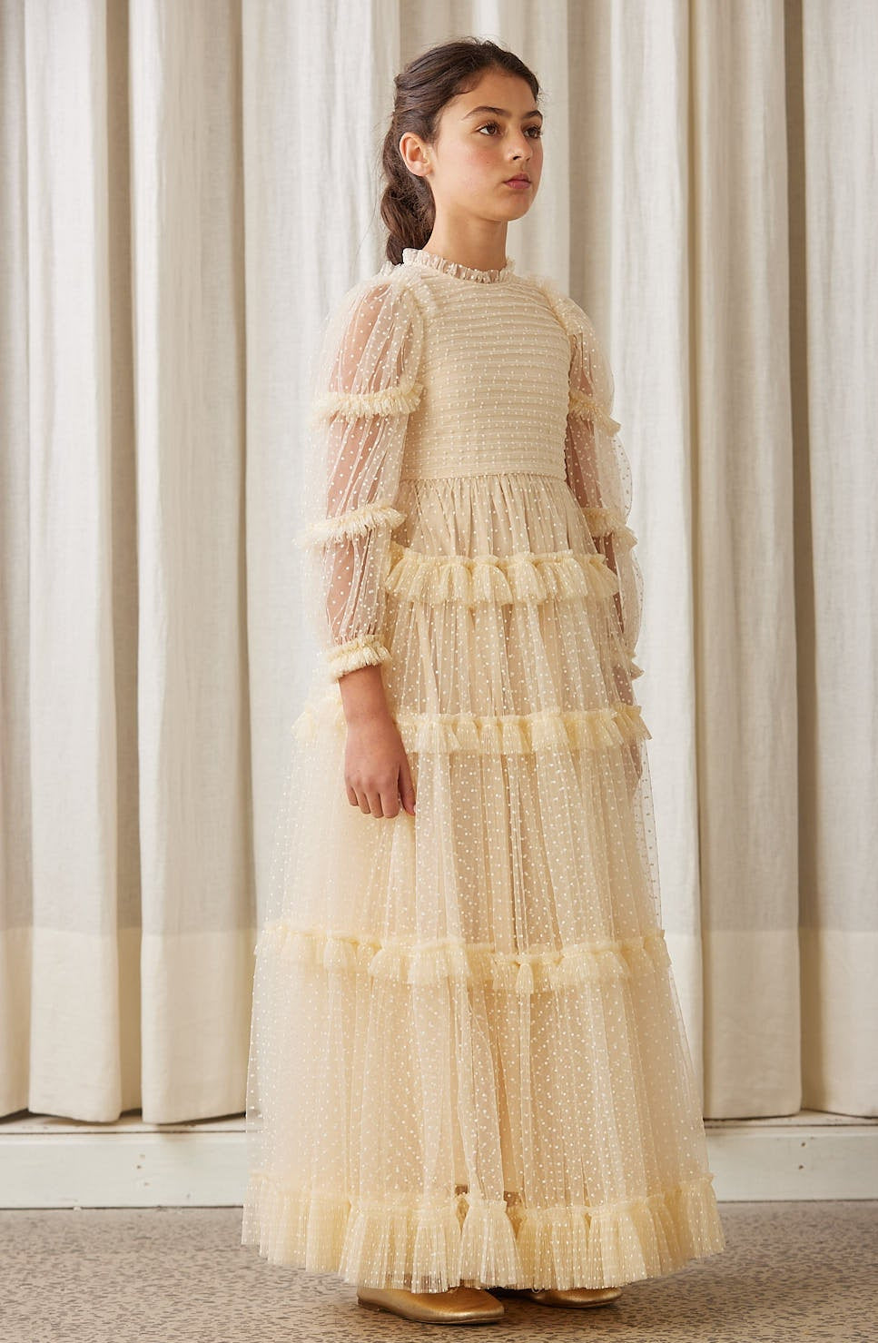 Tulle Pleated Frill Dress - Cream