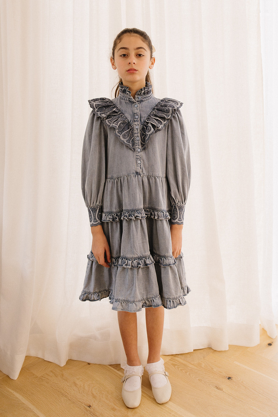 Embroidered Chambray Dress with Tiered Skirt