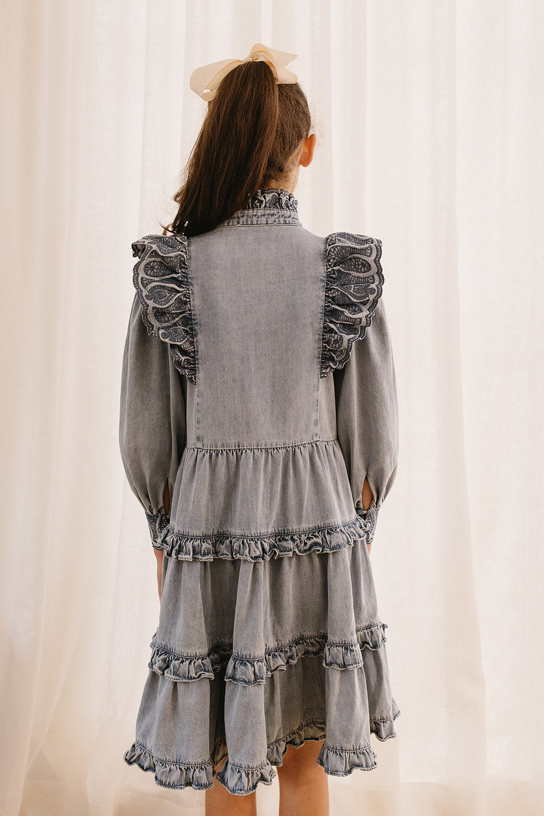 Embroidered Chambray Dress with Tiered Skirt