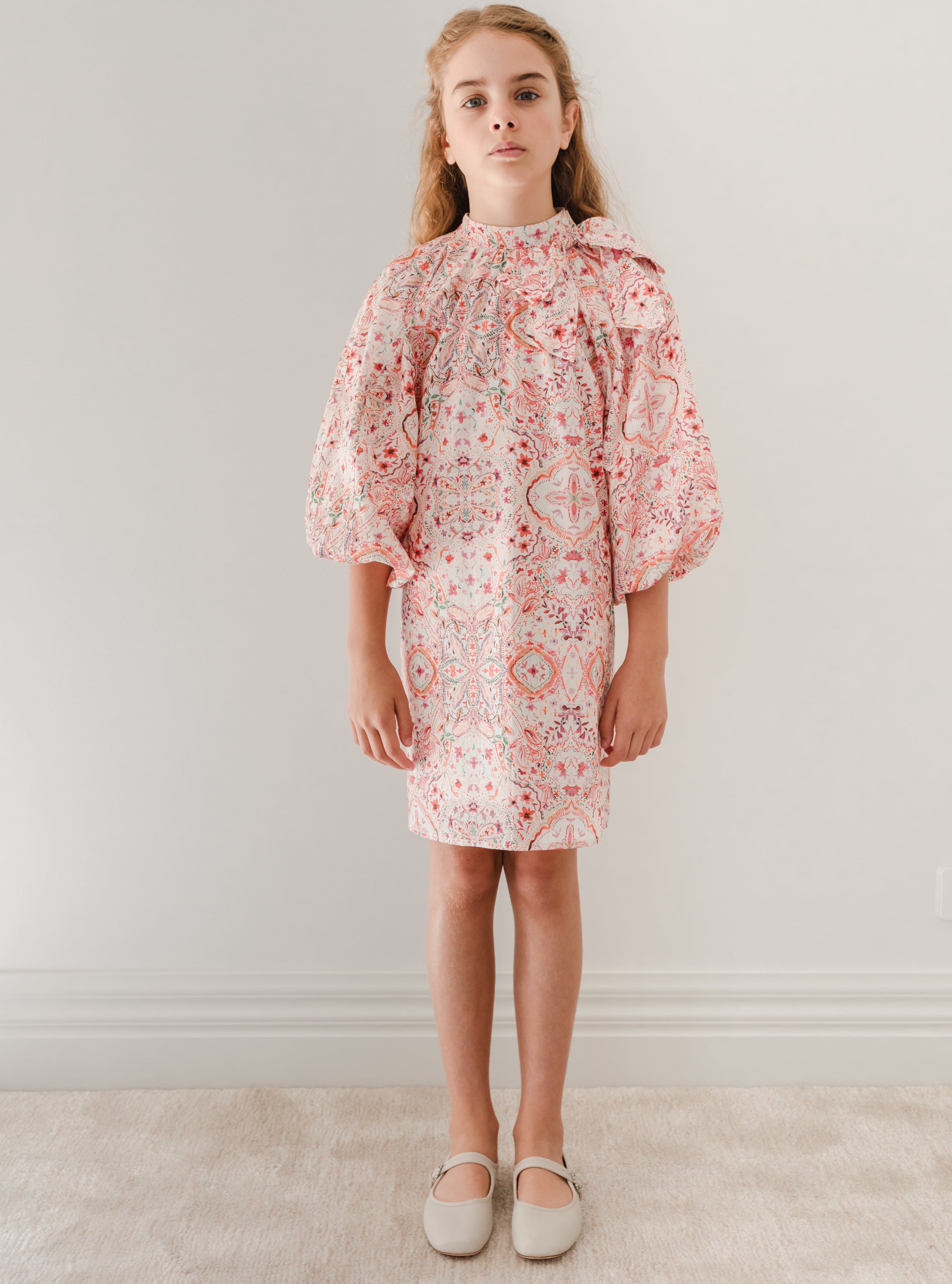 Pink Moroccan Print Bow Neck Dress