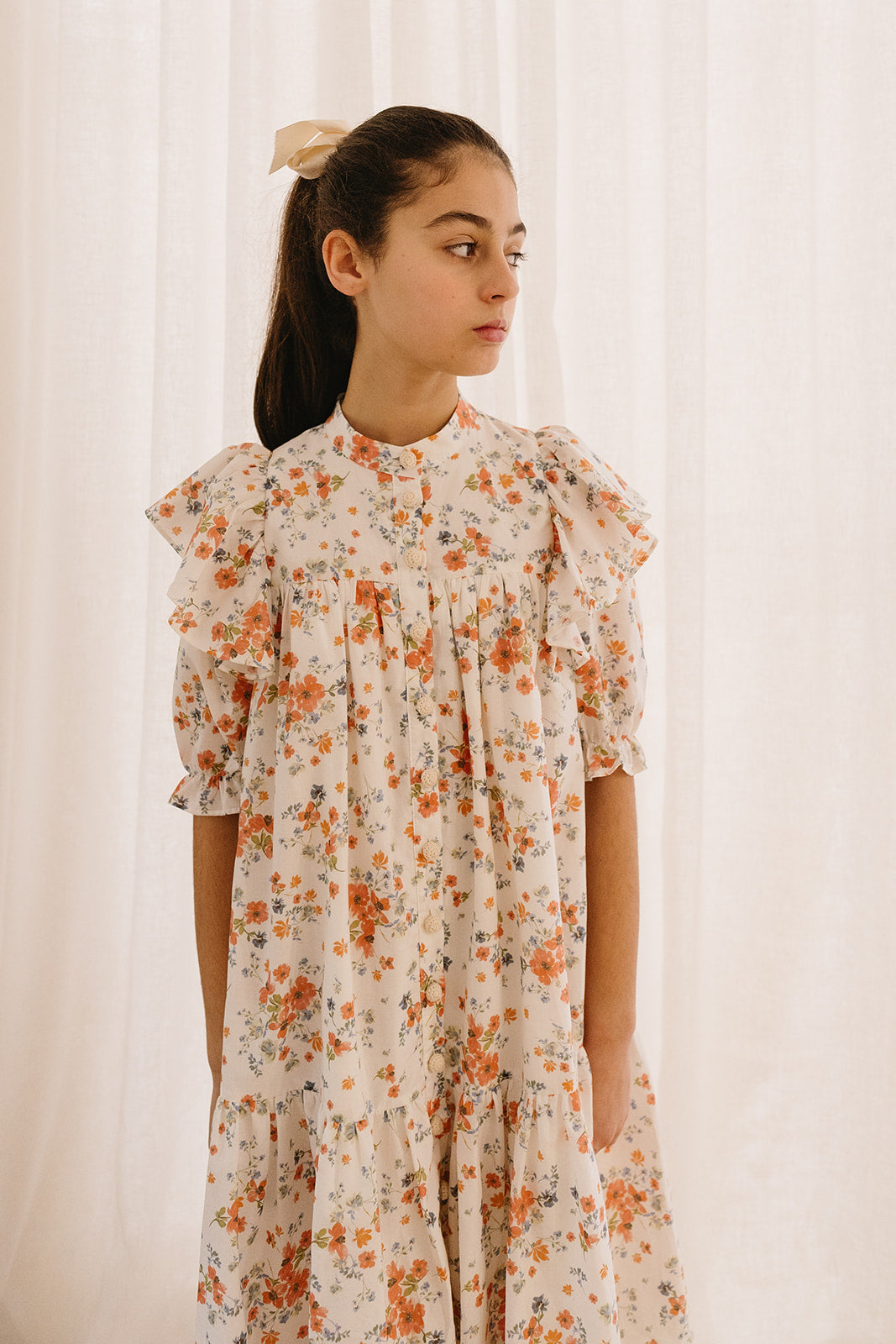 Elbow Sleeve Coral Printed Floral Dress