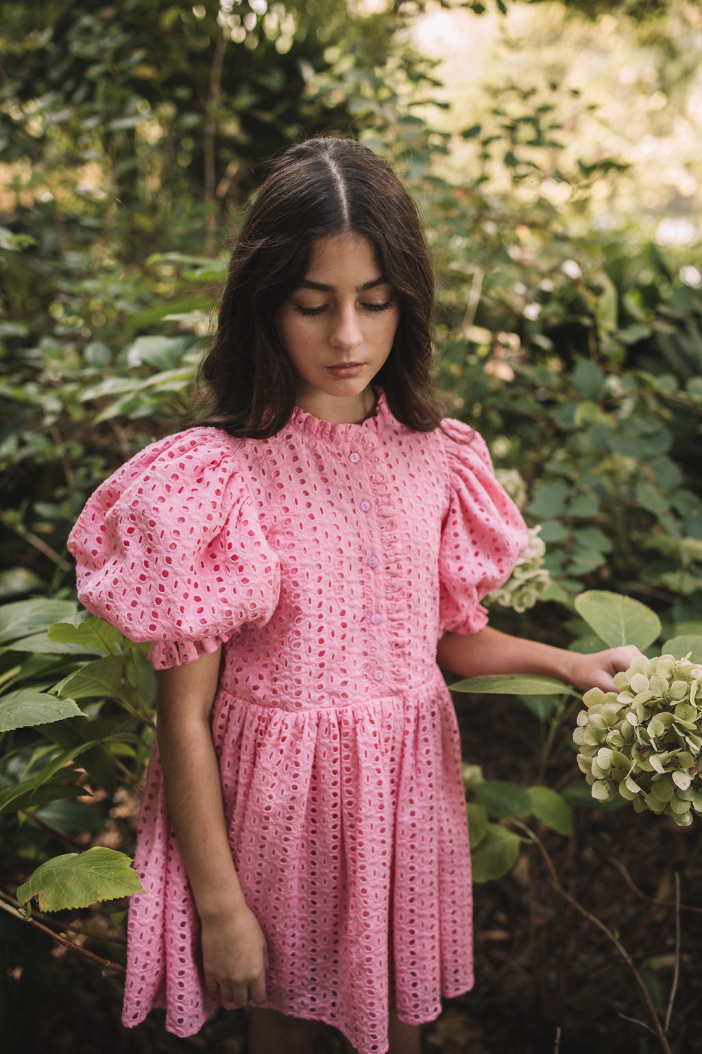 Fuchsia Puff Sleeve Eyelet Dress