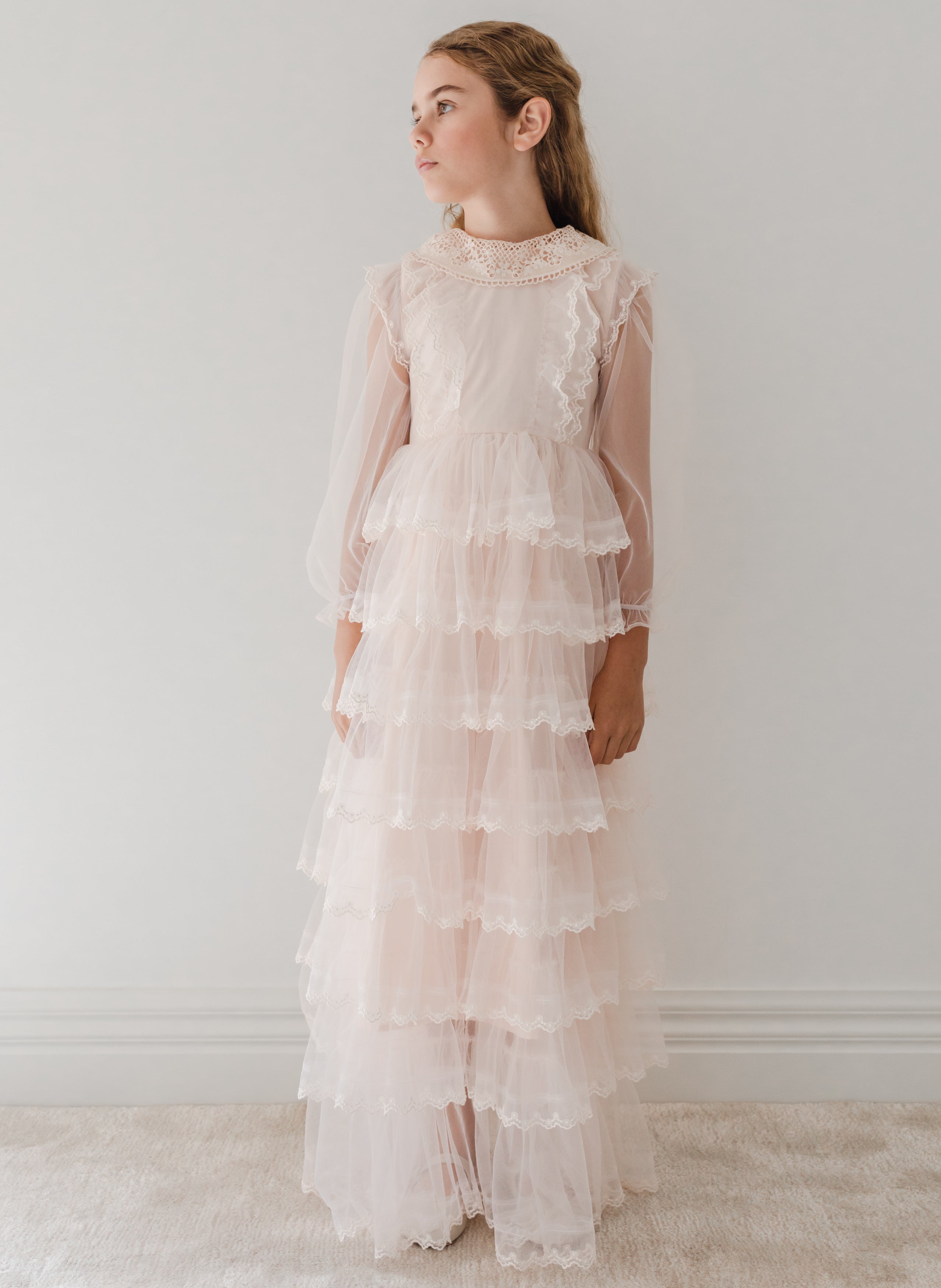 Long Sleeve Crochet Collar Tulle Gown