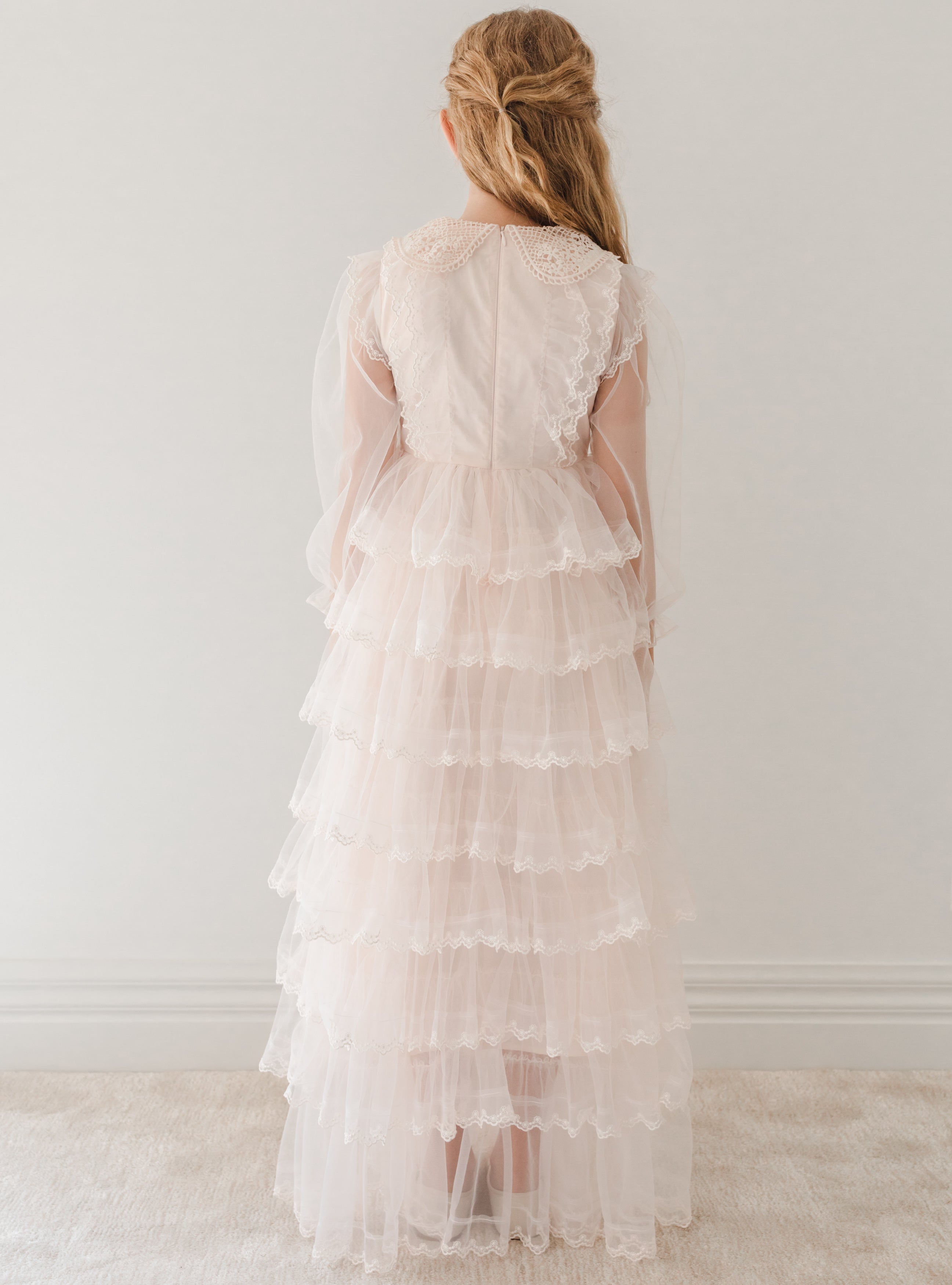 Long Sleeve Crochet Collar Tulle Gown