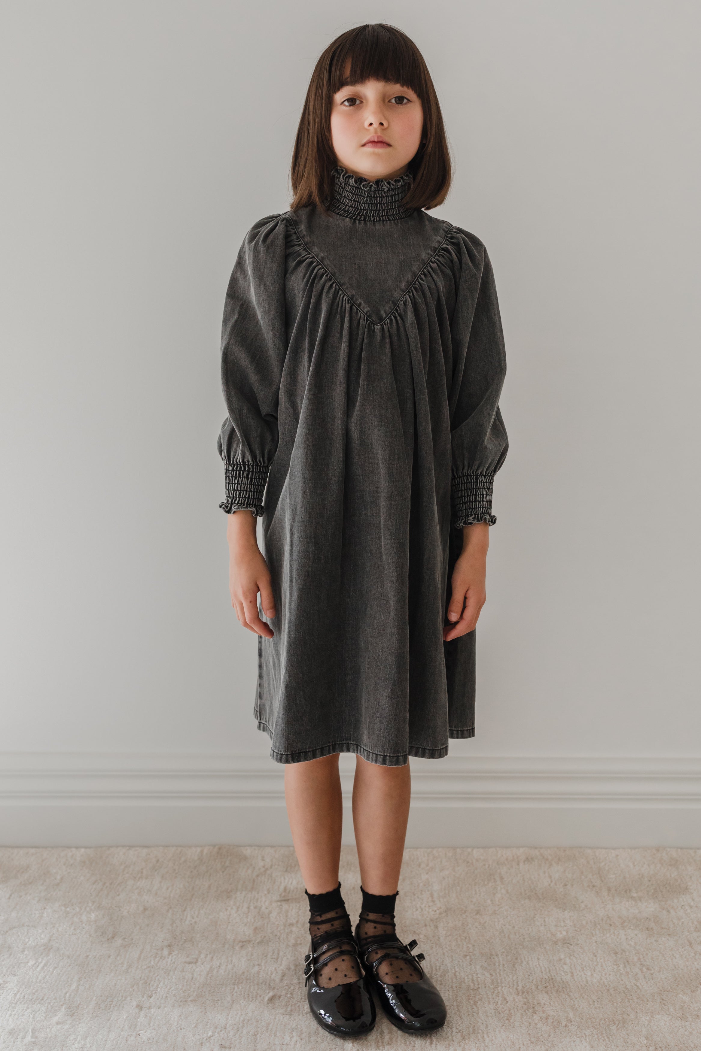 Chambray Shirred Neck Babydoll Dress