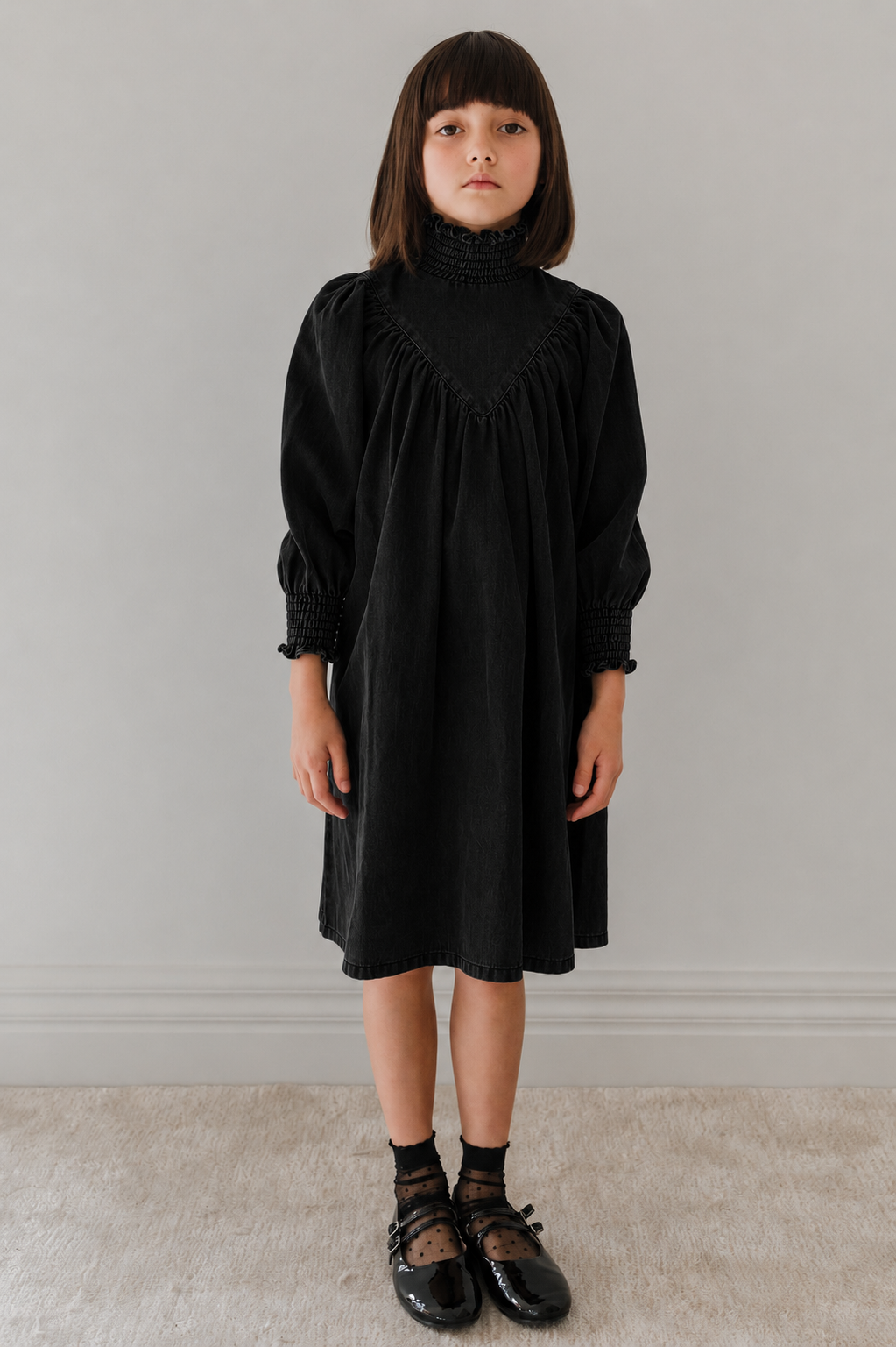 Sweat Shirred Neck Babydoll Dress