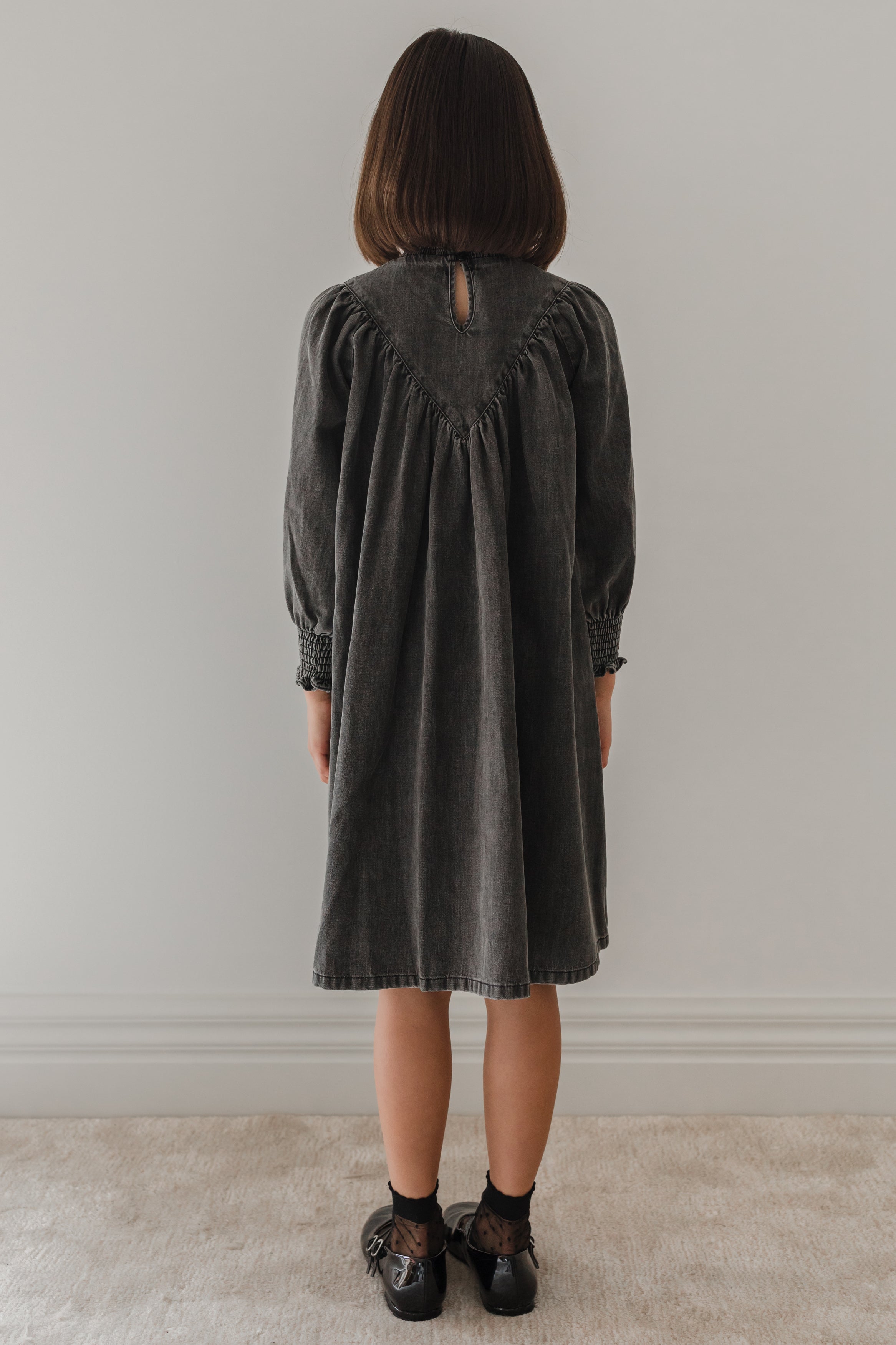 Chambray Shirred Neck Babydoll Dress
