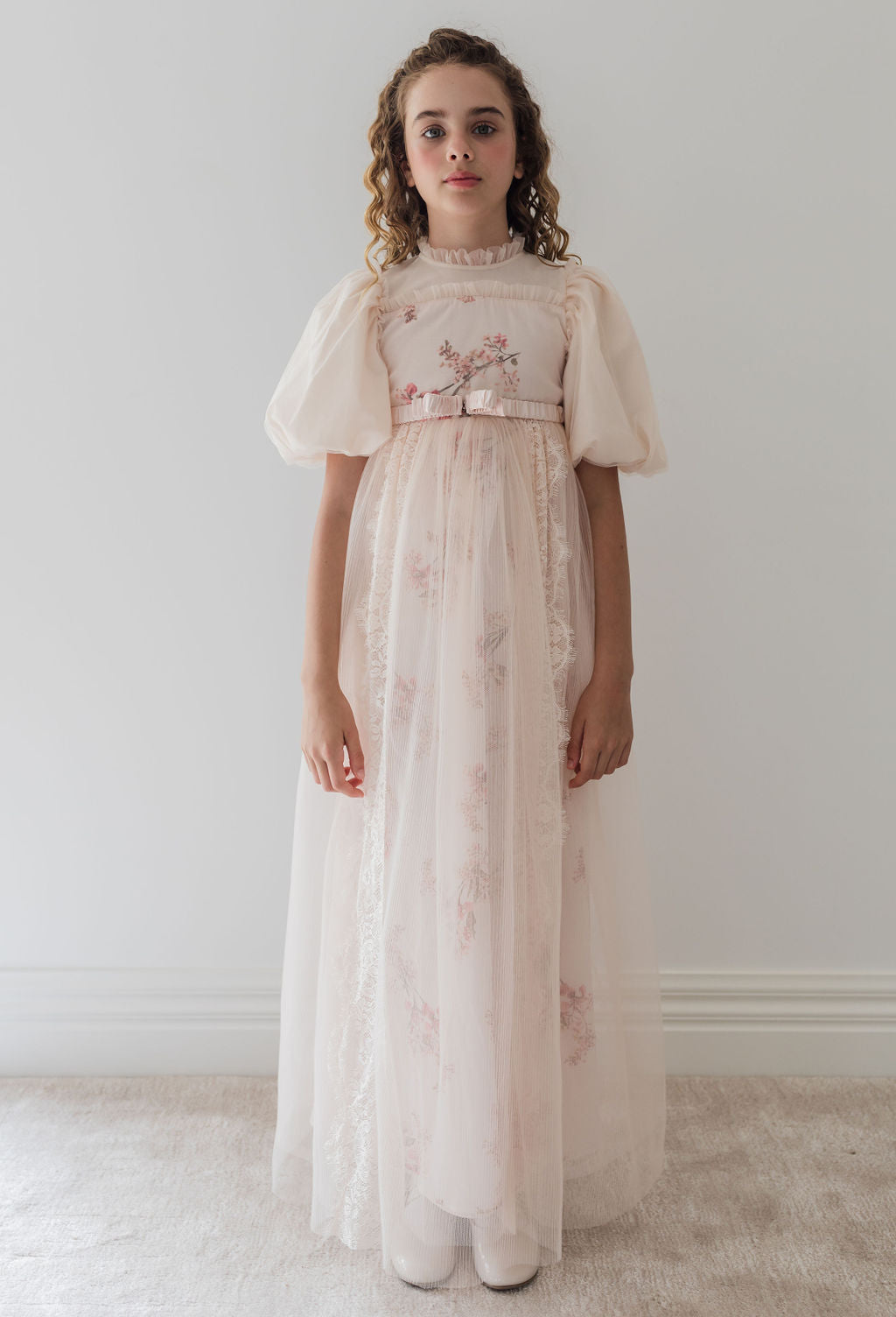Elbow Sleeve Blush Orchid Tulle Gown