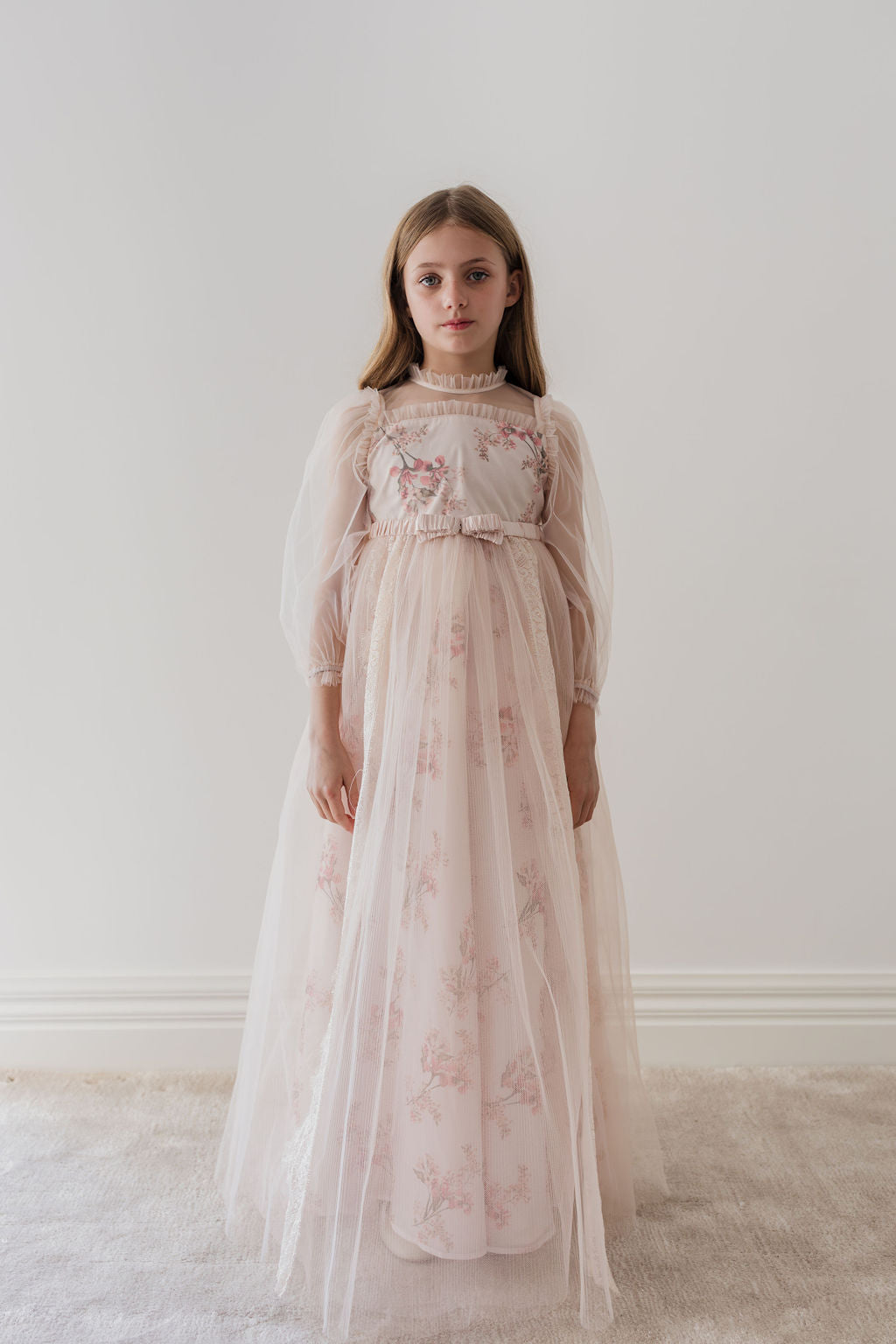 Long Sleeve Blush Orchid Tulle Gown