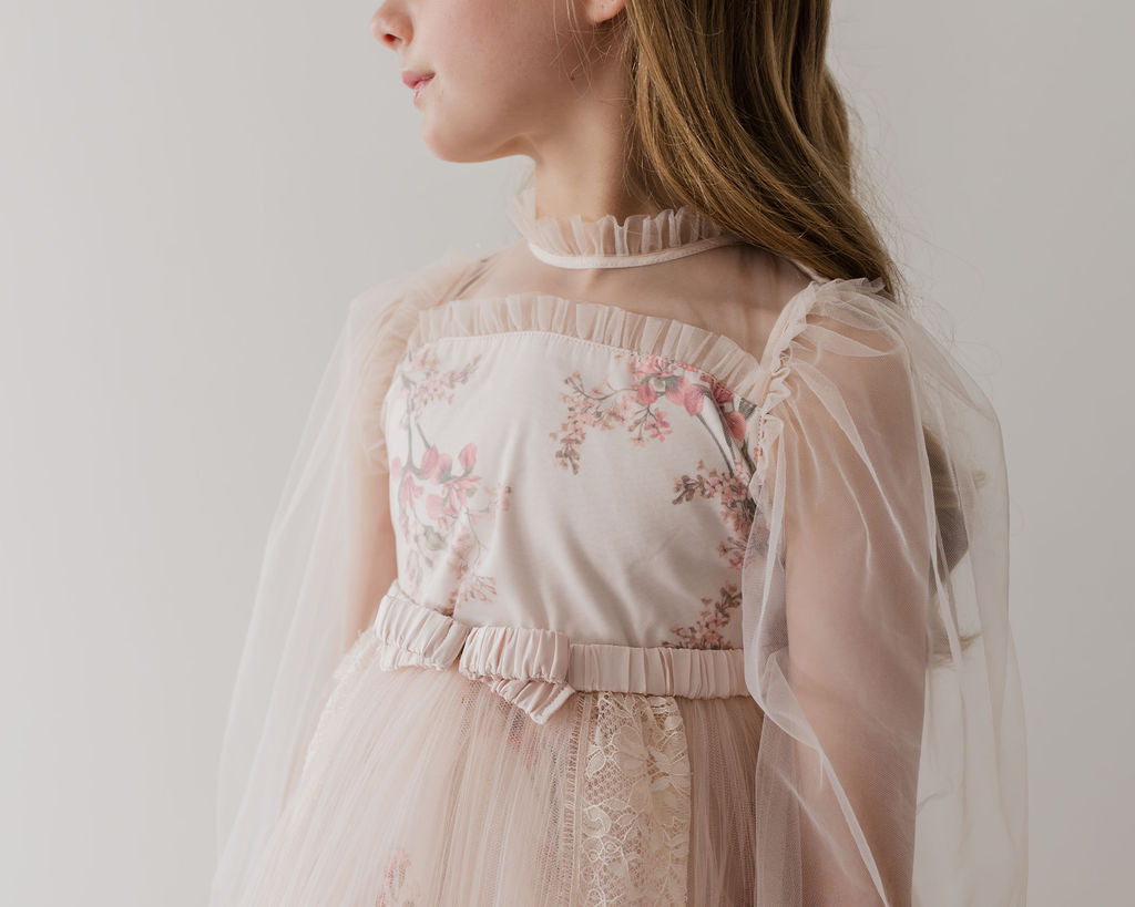 Long Sleeve Blush Orchid Tulle Gown