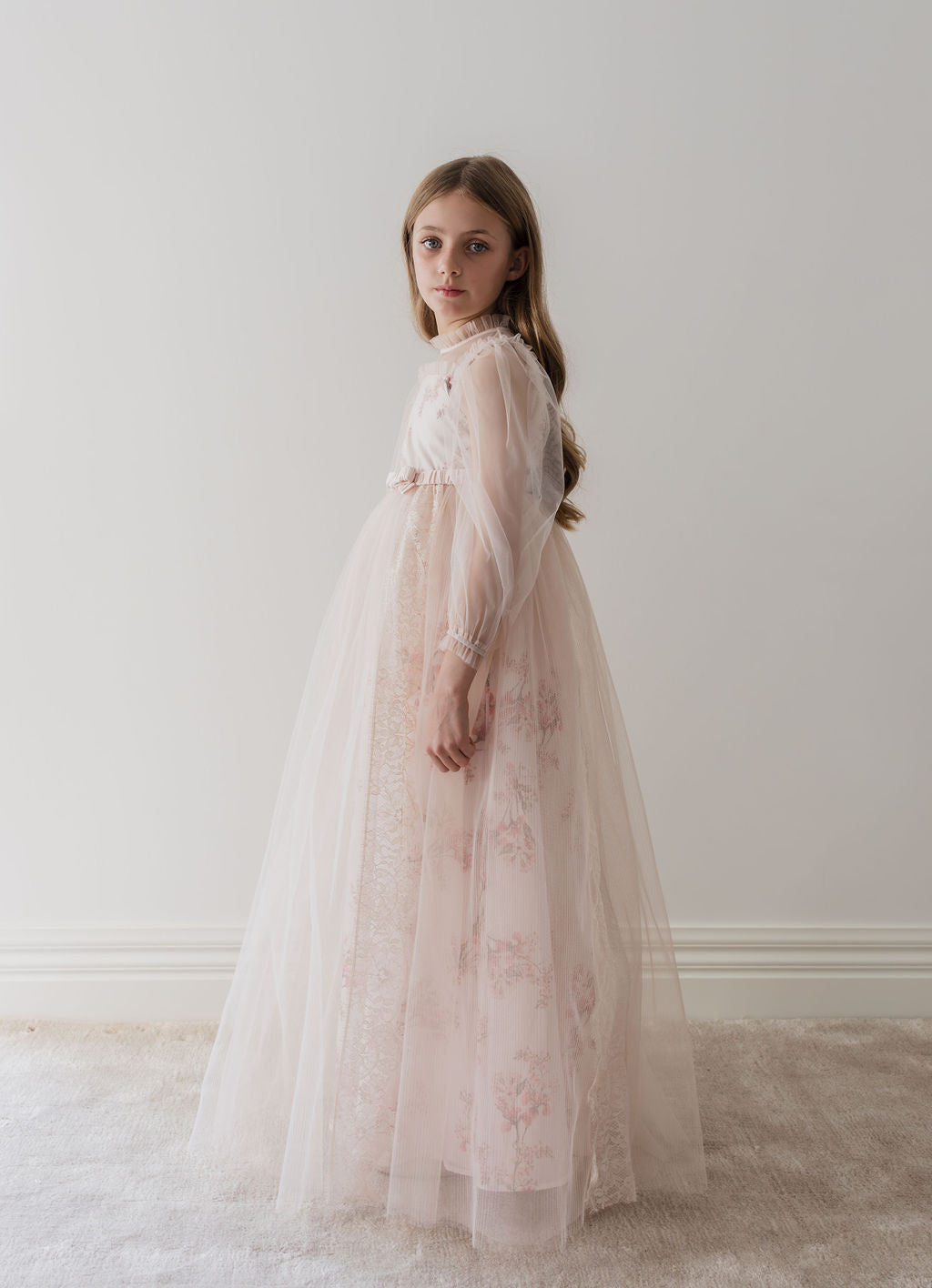 Long Sleeve Blush Orchid Tulle Gown
