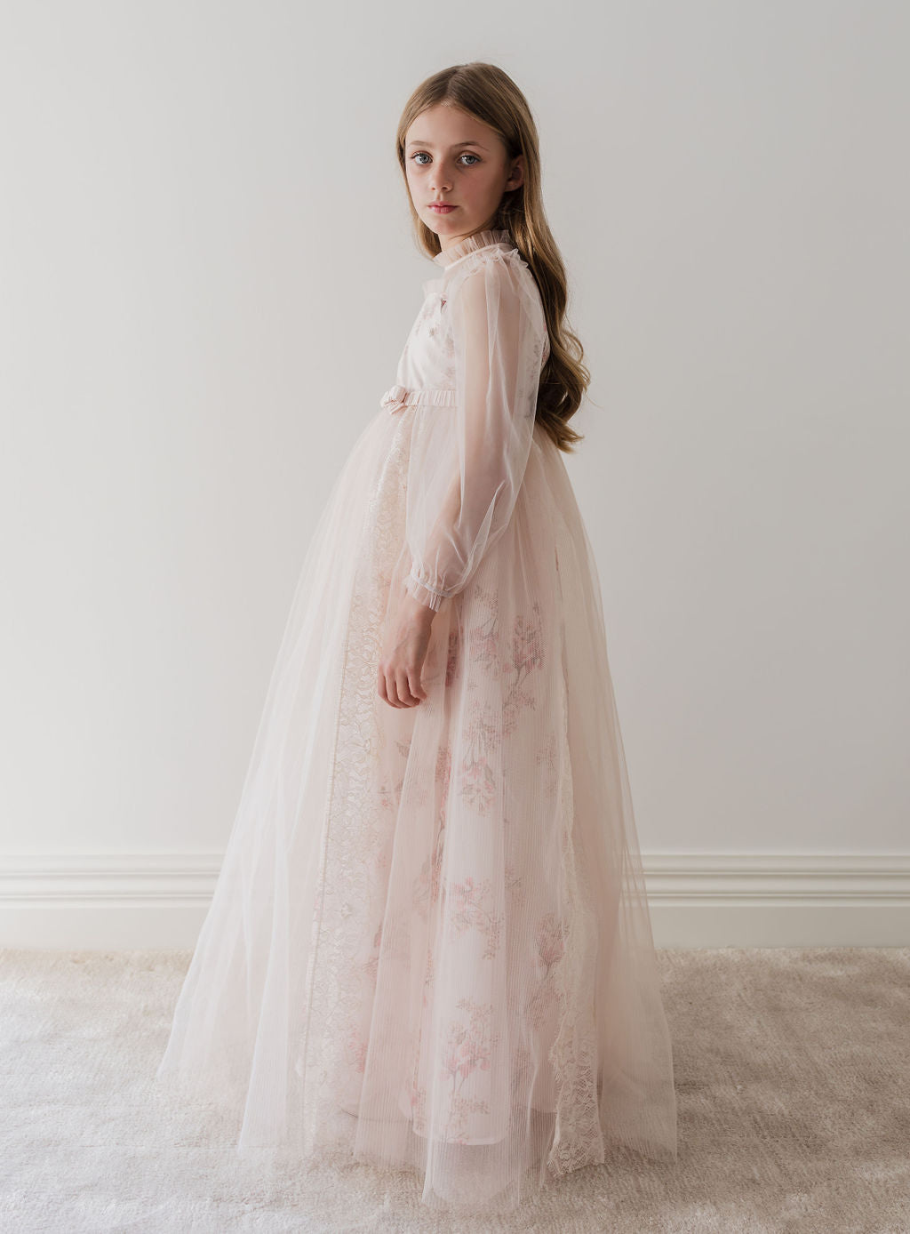 Long Sleeve Blush Orchid Tulle Gown